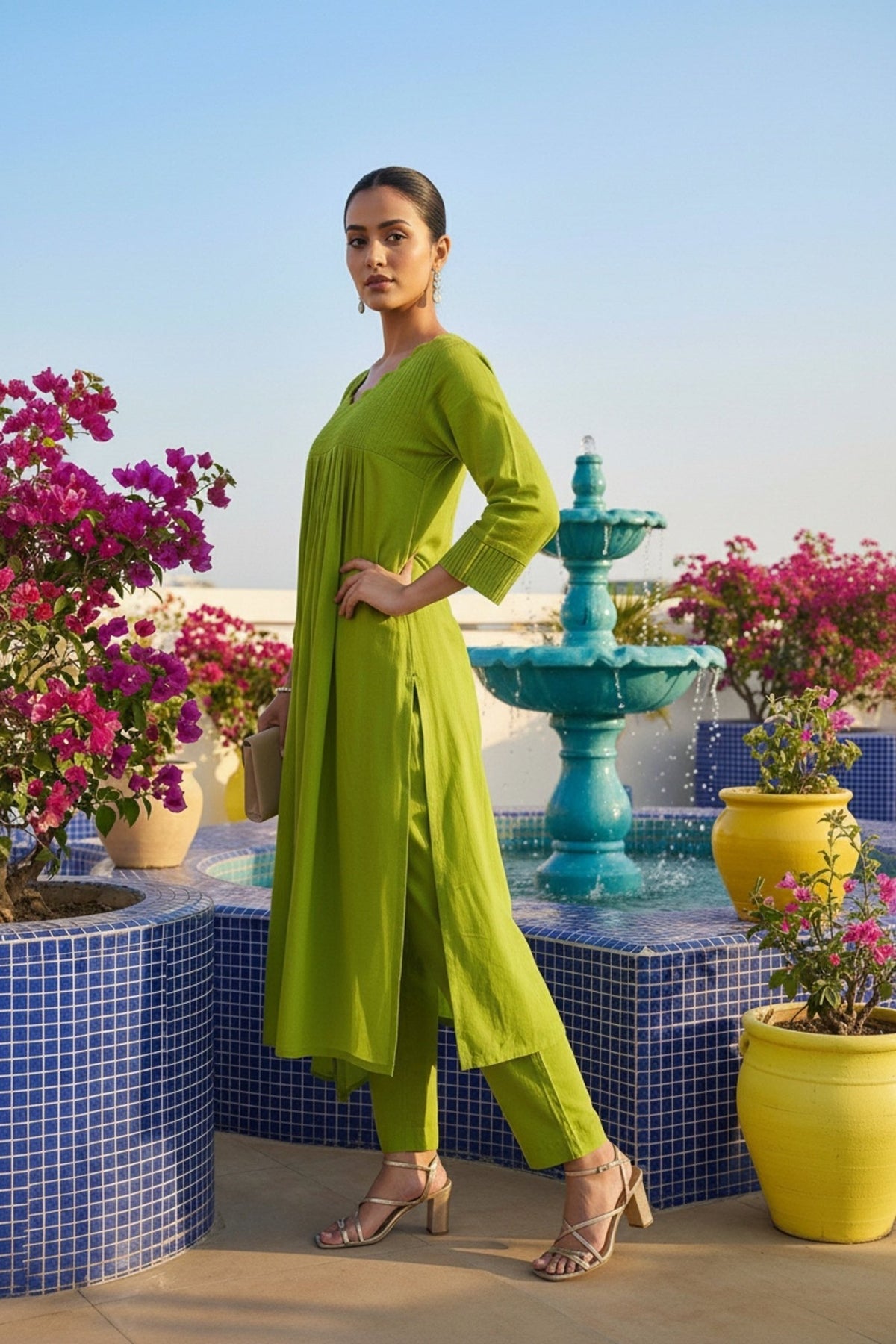 Green Mul Cotton Three Piece with Minimal Embroidery - Freyaa USA & Canada