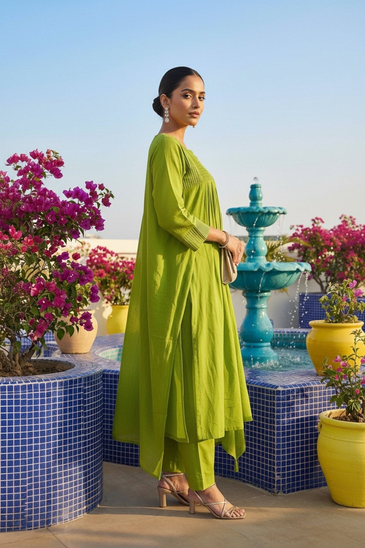 Green Mul Cotton Three Piece with Minimal Embroidery - Freyaa USA & Canada