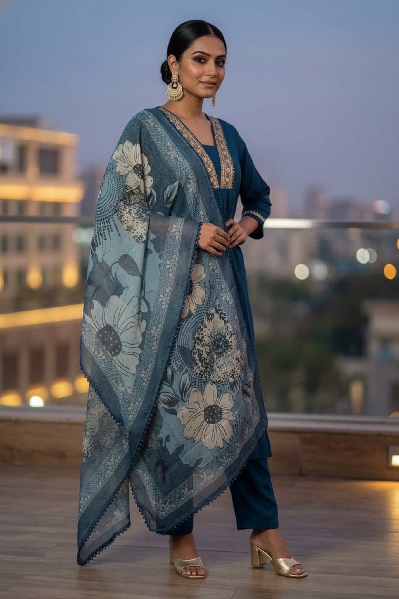 Royal Navy Straight-Cut Suit with Printed Dupatta - Freyaa USA & Canada