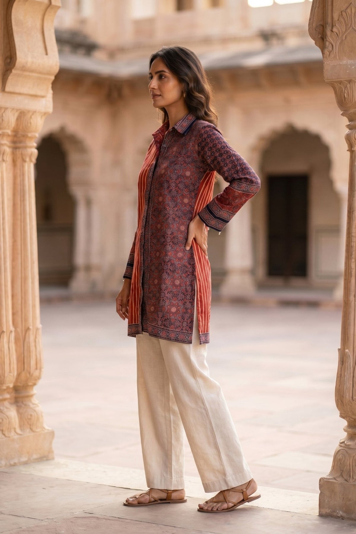 Rich Maroon Red Ajarak Print Crepe Shirt - Freyaa USA & Canada