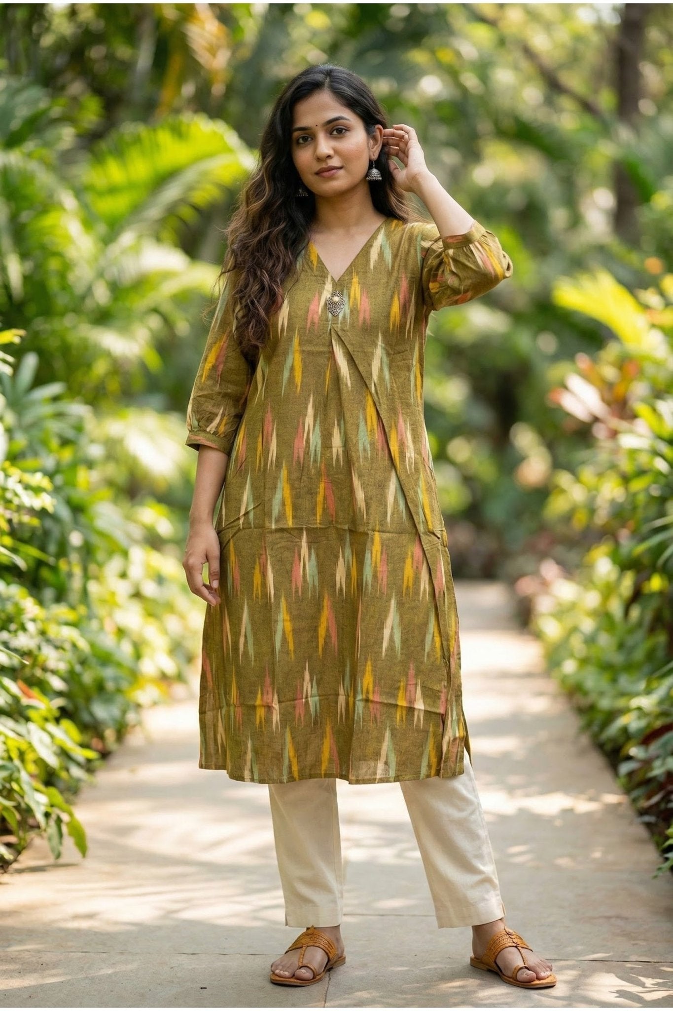 Greenish Yellow Multicolor Patterned Long Kurti - Freyaa USA & Canada