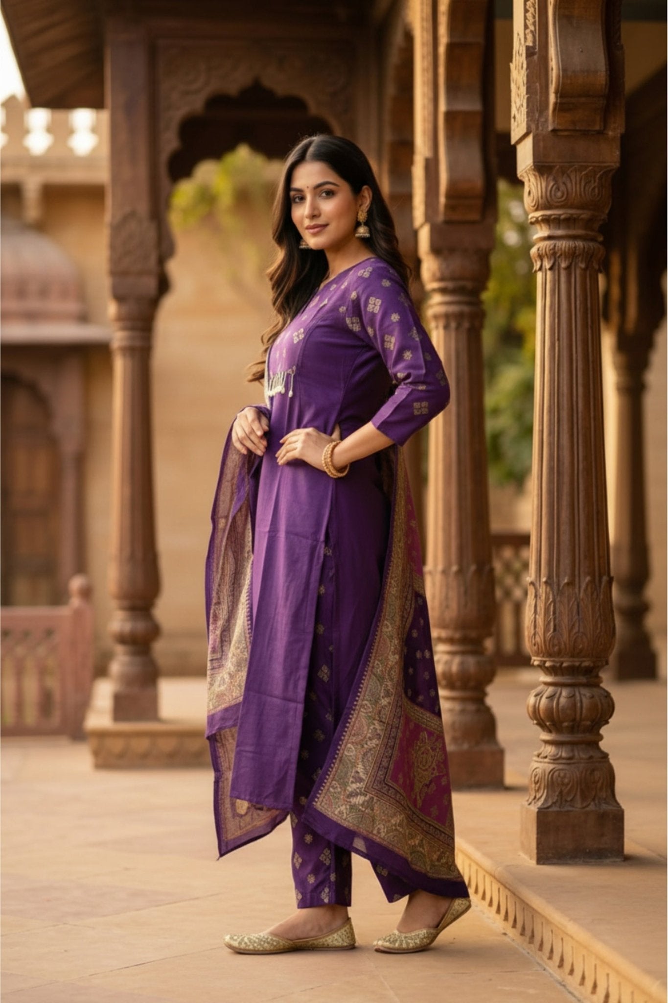 Purple Royale Straight-Cut Embroidered Three Piece Suit Set - Freyaa USA & Canada