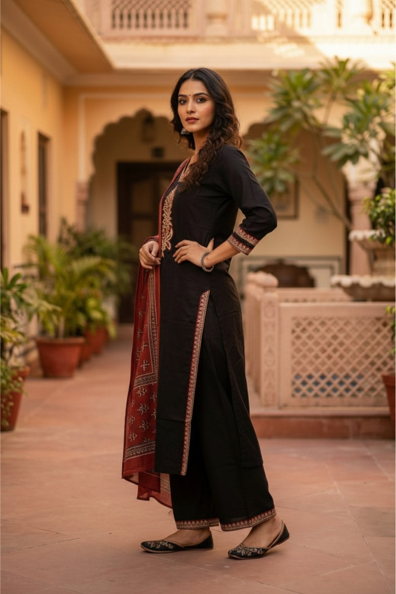 Black Straight-Cut Suit Set with Printed Dupatta - Freyaa USA & Canada