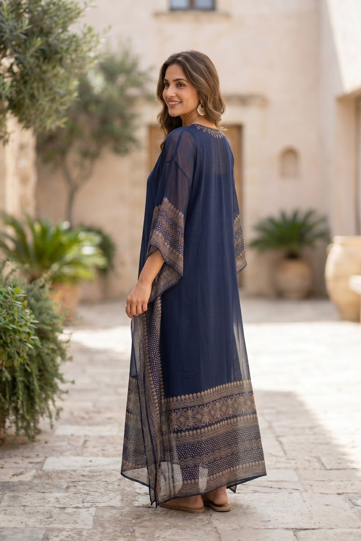 Gold Hand Embroidery Navy Blue Kaftan. - Freyaa USA & Canada