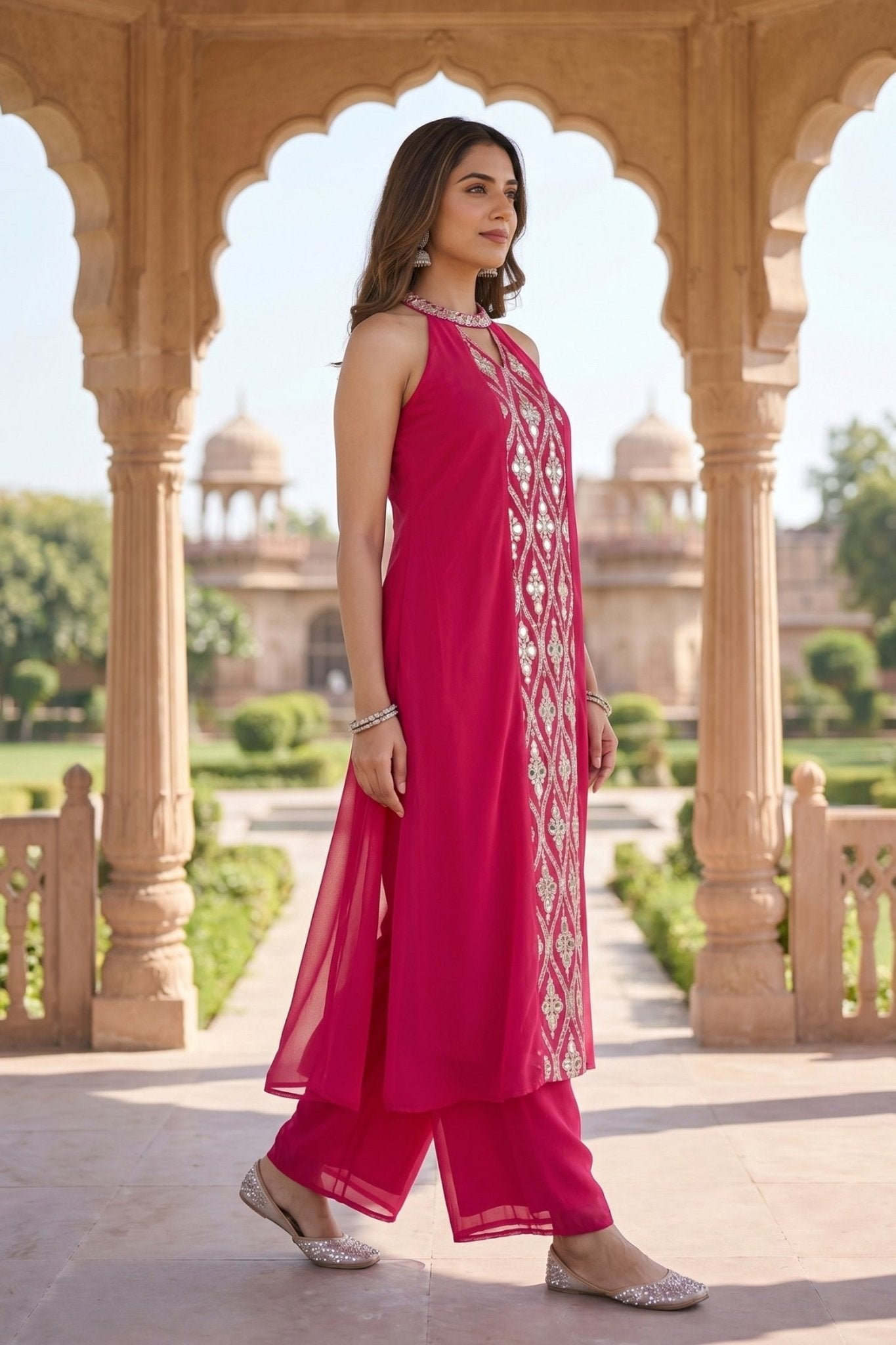 Festive Elegance Magenta Pink Halter Neck Cord Set - Freyaa USA & Canada