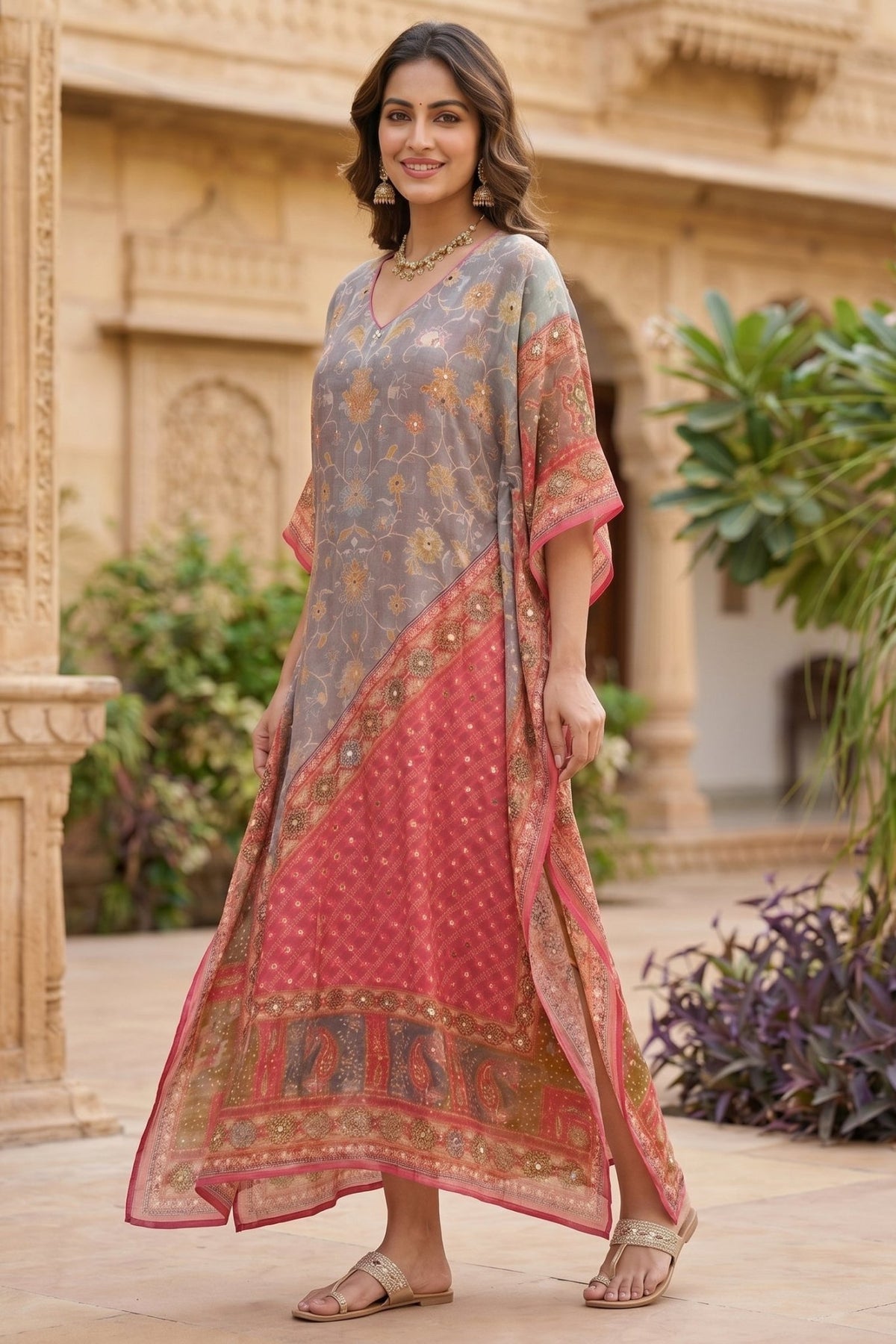 Mono Floral Printed Long Kaftan - Freyaa USA & Canada