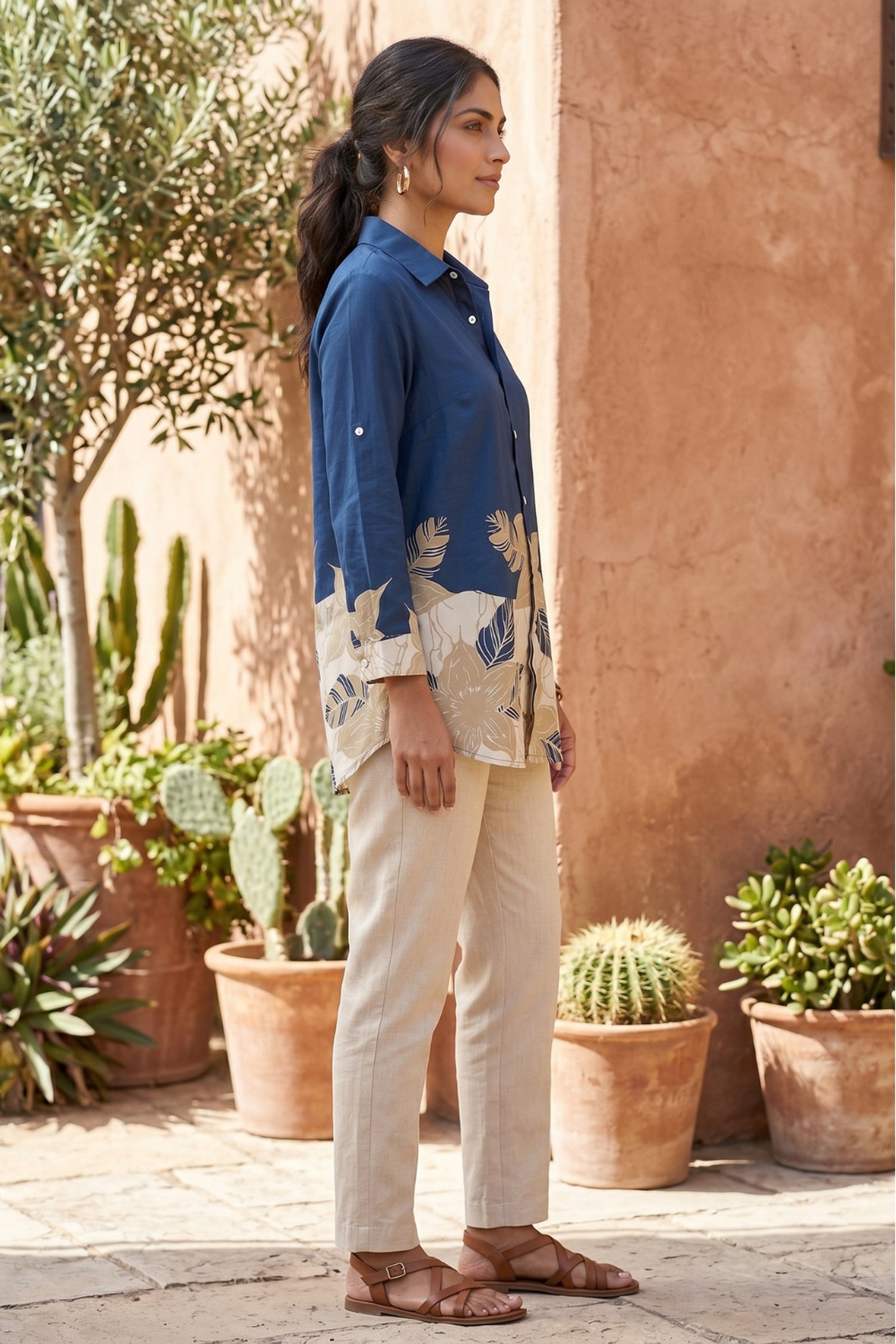 Women's Blue Floral Printed Russian Silk Short Shirt