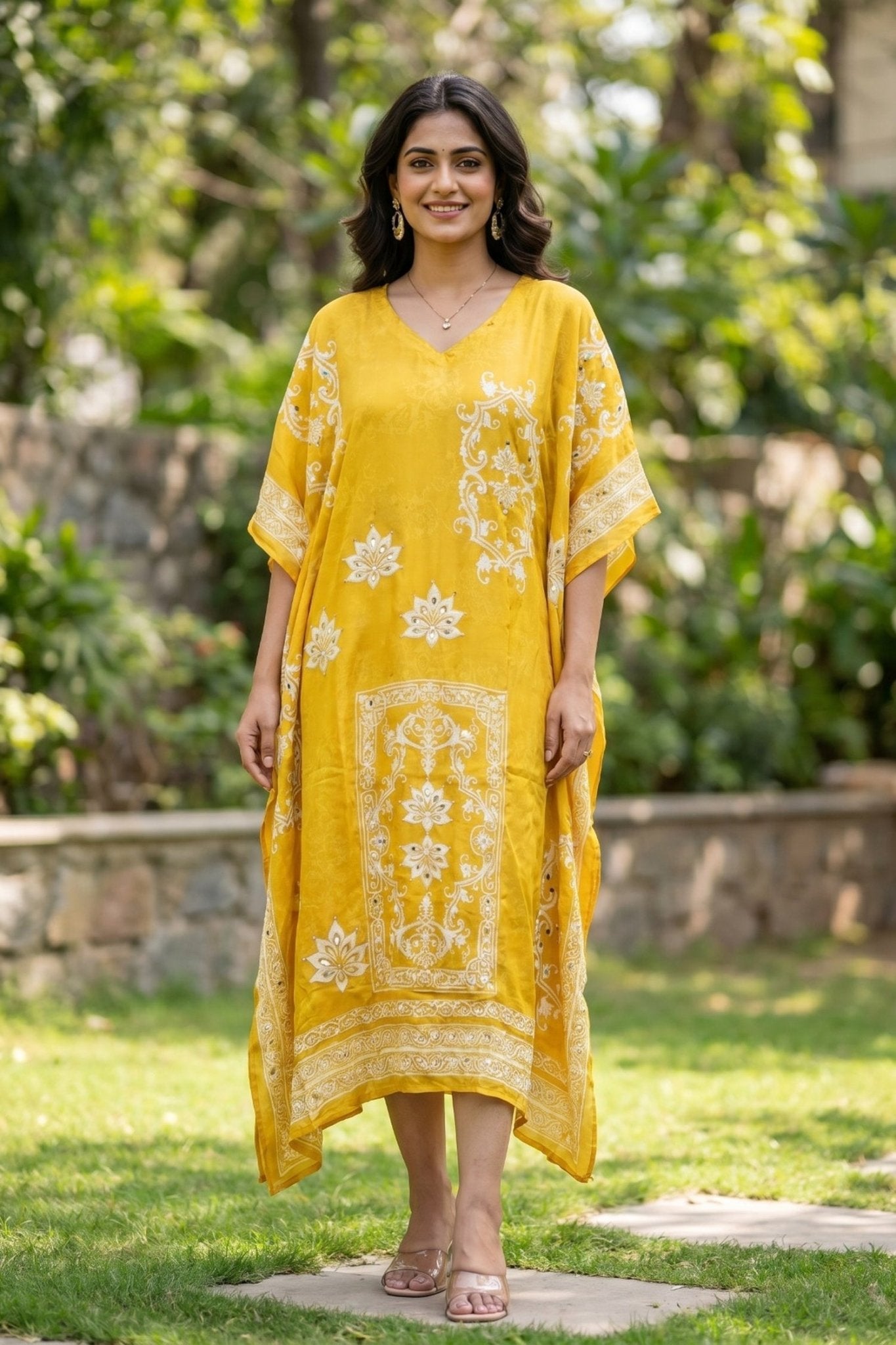 Long Yellow Chinon Silk Kaftan with Digital Print - Freyaa USA & Canada