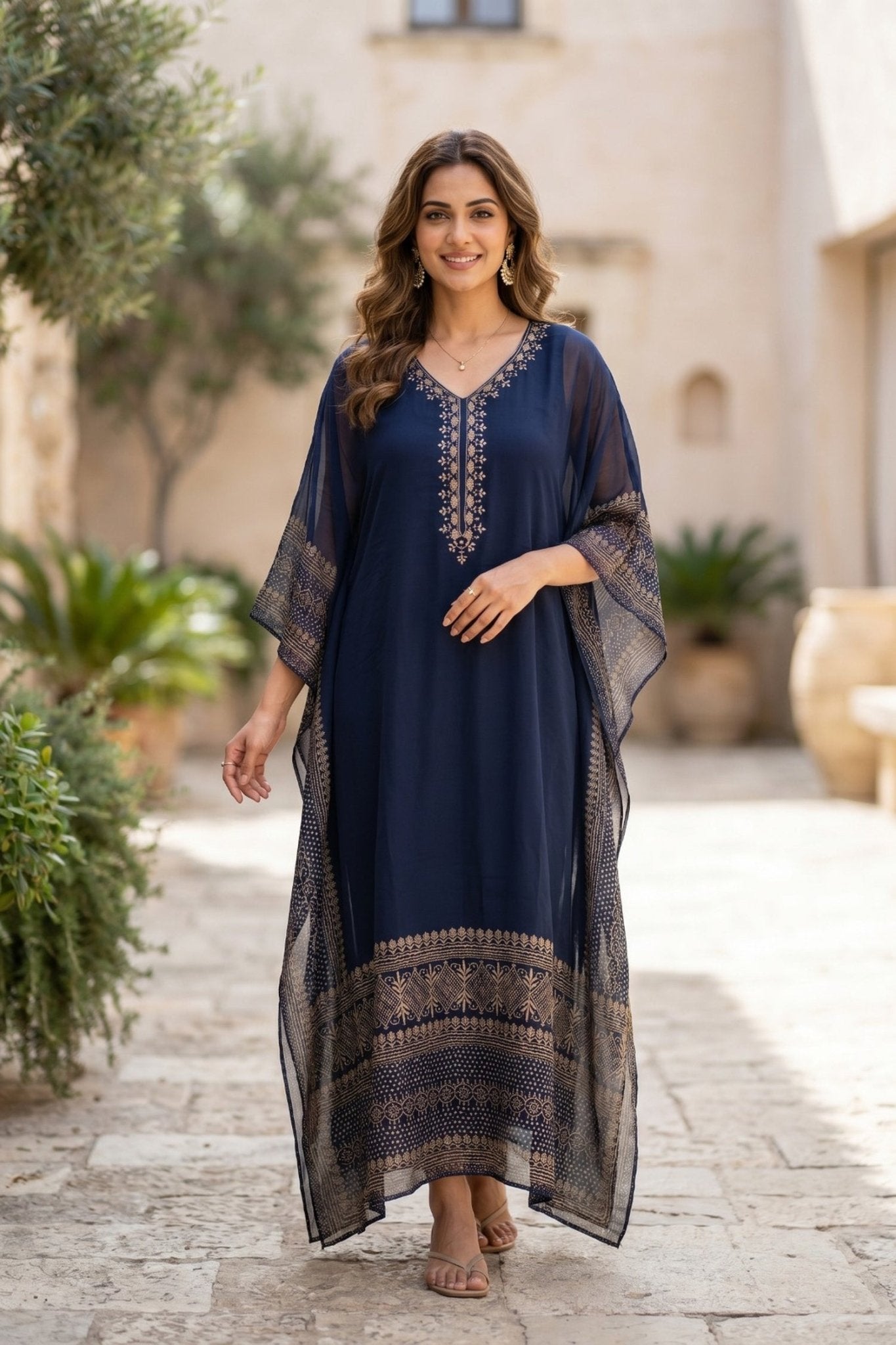 Gold Hand Embroidery Navy Blue Kaftan. - Freyaa USA & Canada
