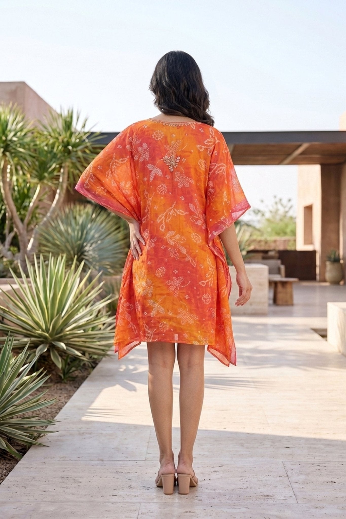 Orange Printed V-Neck Short Kaftan Dress - Freyaa USA & Canada