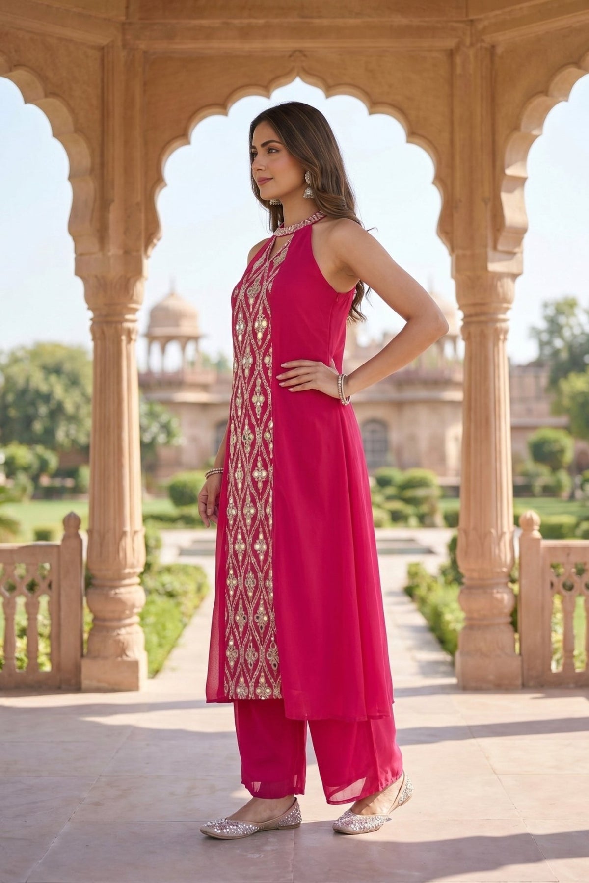 Festive Elegance Magenta Pink Halter Neck Cord Set - Freyaa USA & Canada