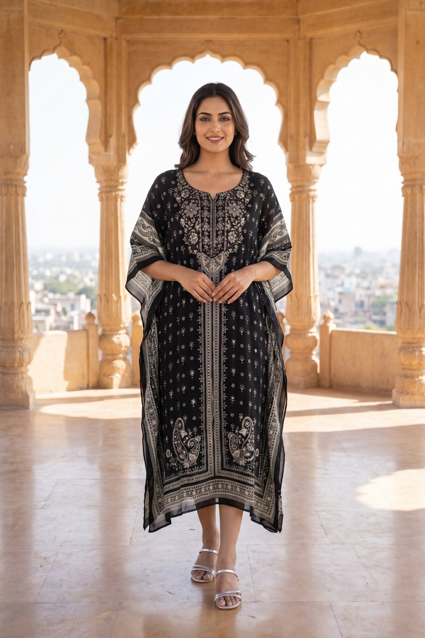 Black & White Printed Chinon Silk Long Kaftan - Freyaa USA & Canada