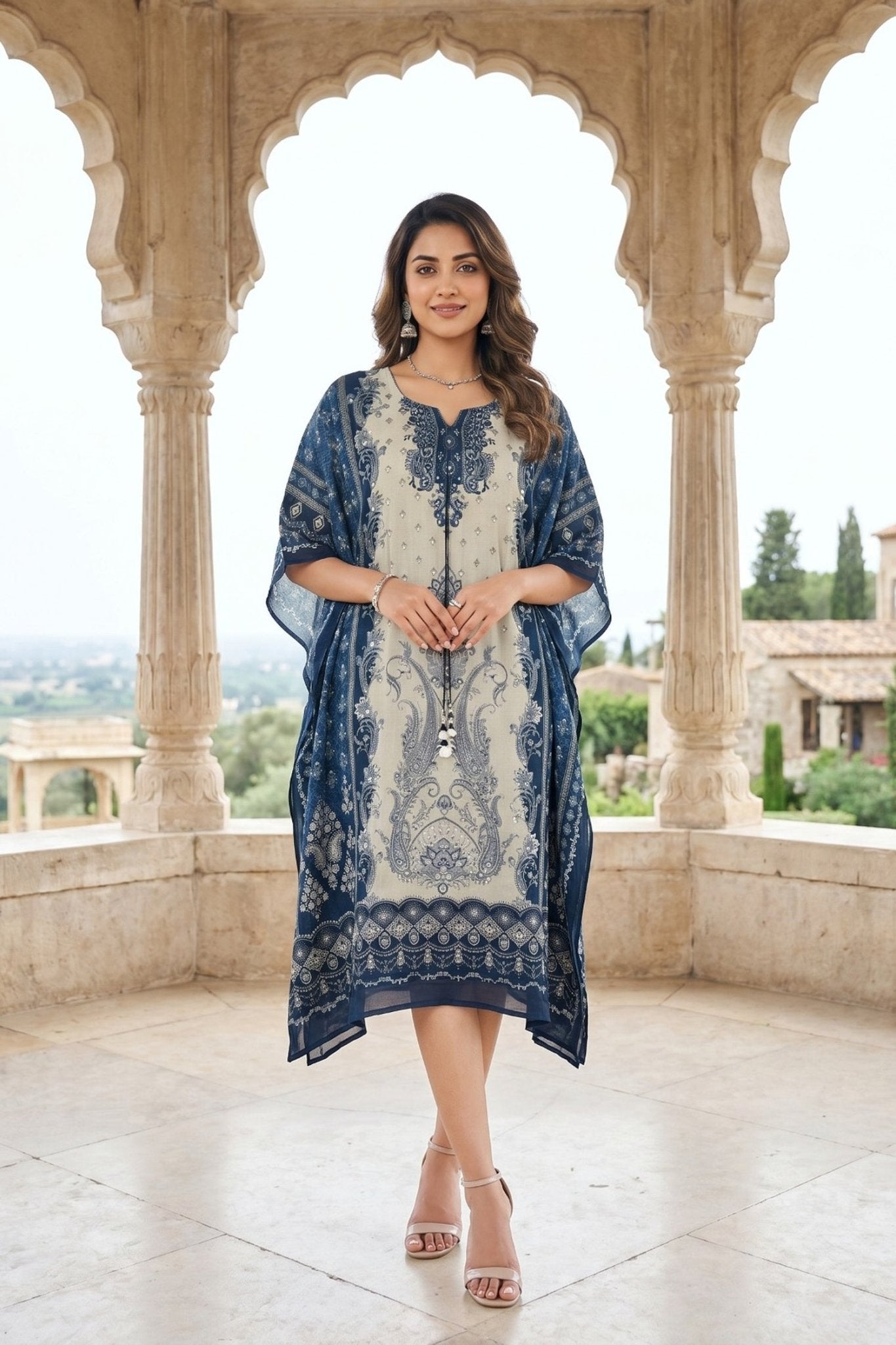 Midnight Blue Chinon Silk Long Kaftan Dress - Freyaa USA & Canada