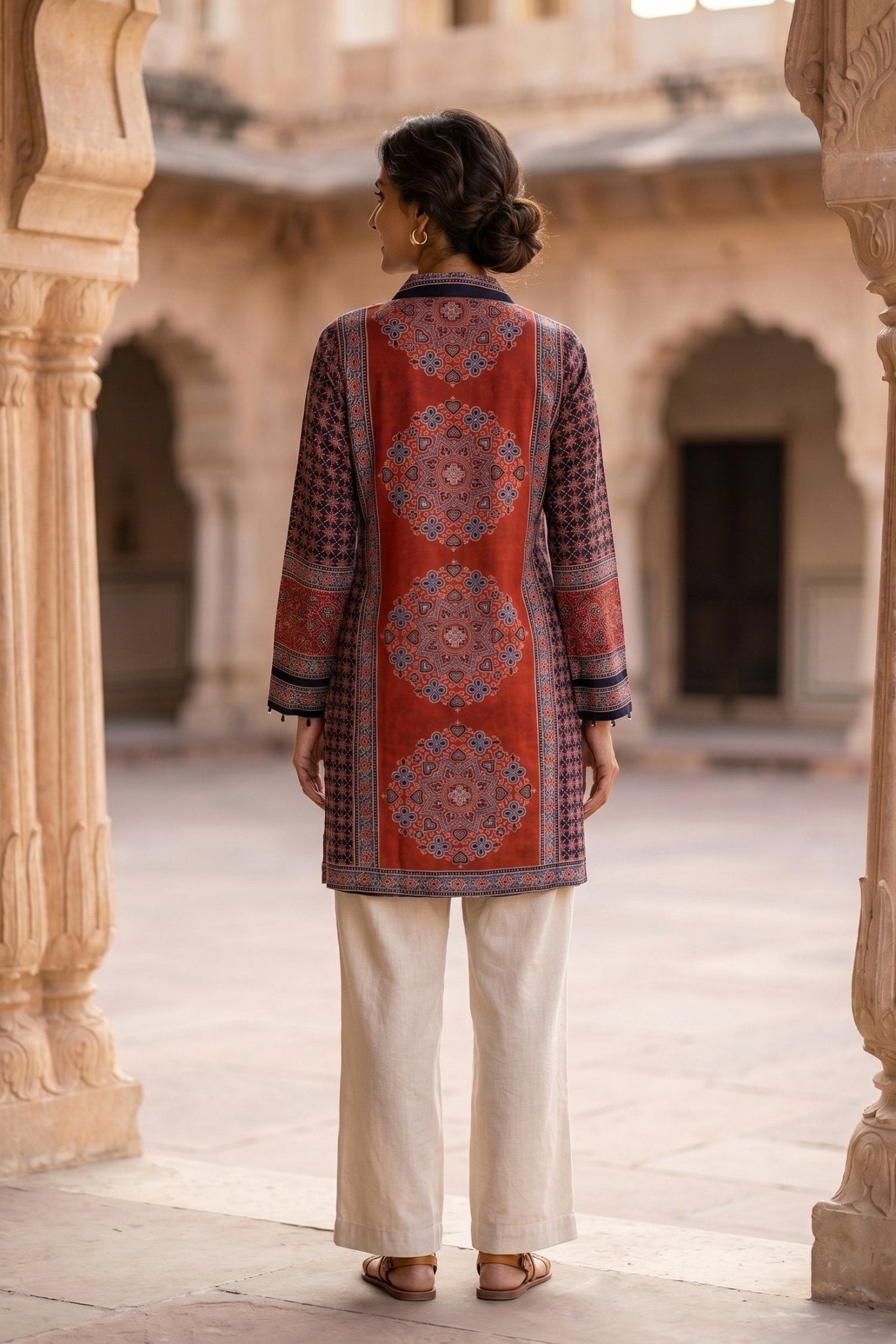 Rich Maroon Red Ajarak Print Crepe Shirt - Freyaa USA & Canada