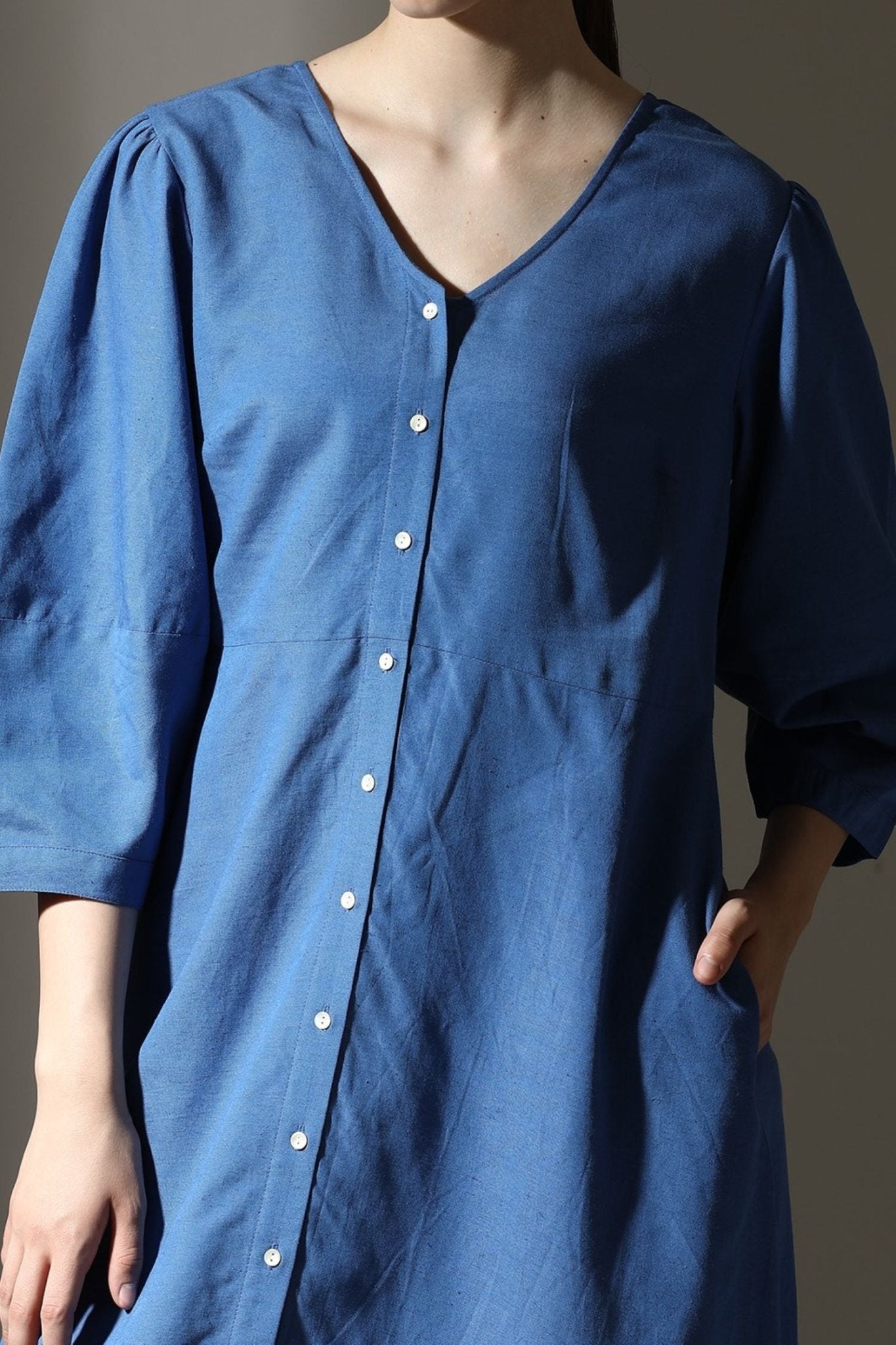 Graceful Blue Buttoned Midi Dress - Freyaa USA & Canada