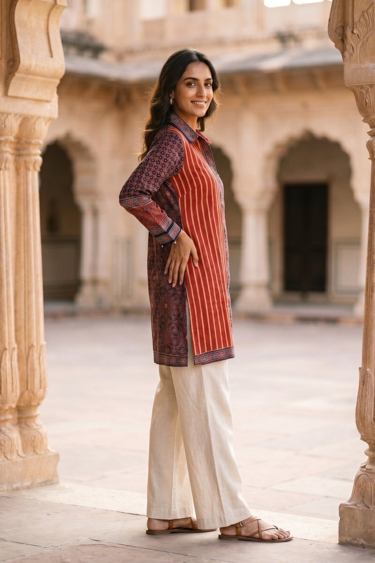 Rich Maroon Red Ajarak Print Crepe Shirt - Freyaa USA & Canada