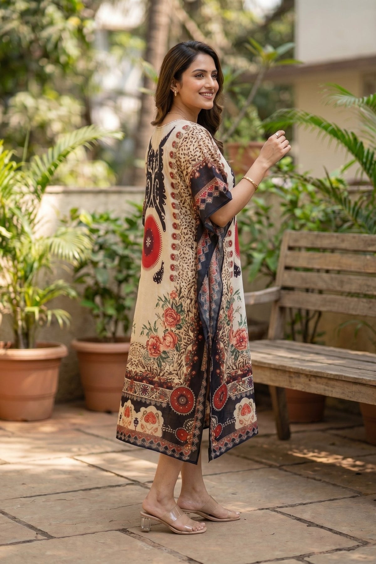 Ethnic Floral Print Long Kaftan Dress - Freyaa USA & Canada