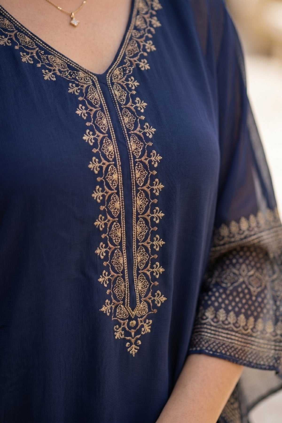 Gold Hand Embroidery Navy Blue Kaftan. - Freyaa USA & Canada