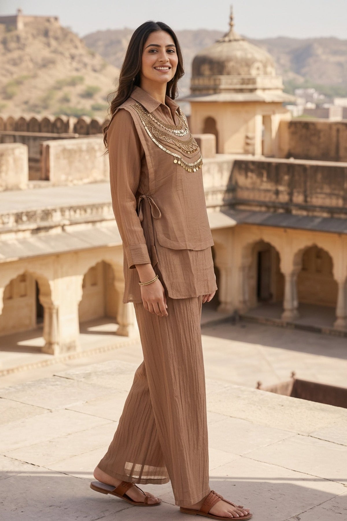 Brown Graceful Tissue intricate Embroidered Jacket Chinon Cord Set - Freyaa USA & Canada