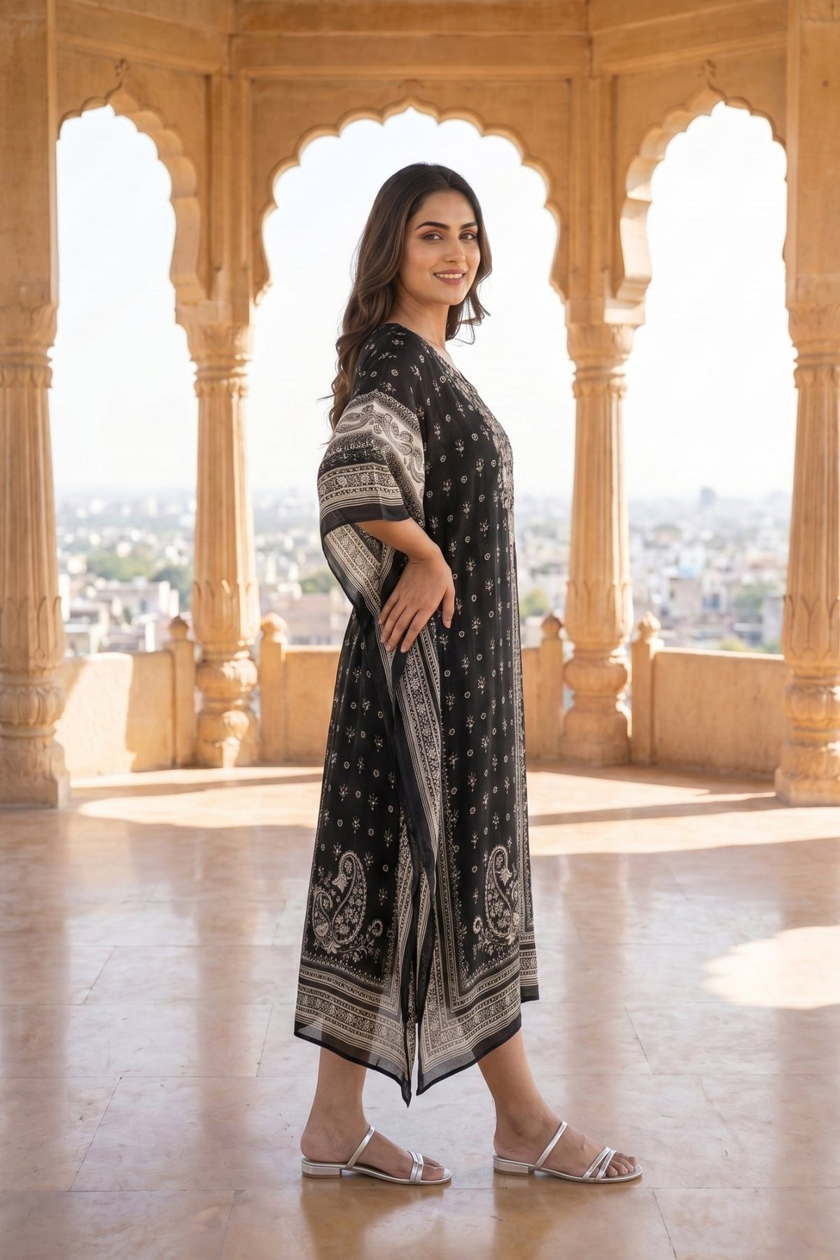 Black & White Printed Chinon Silk Long Kaftan - Freyaa USA & Canada