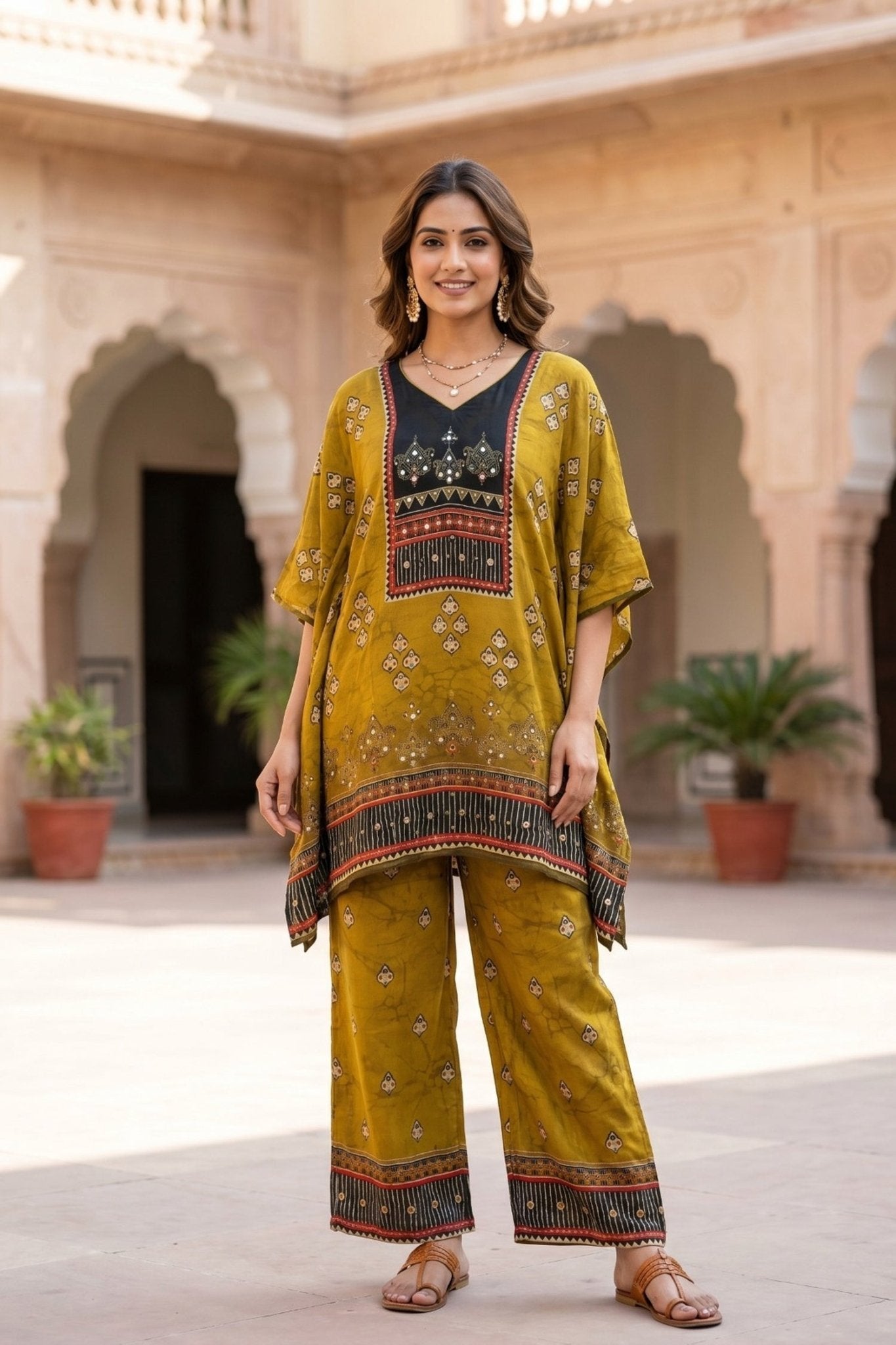 Rich Yellow Kaftan Cord Set in Chinon Silk - Freyaa USA & Canada