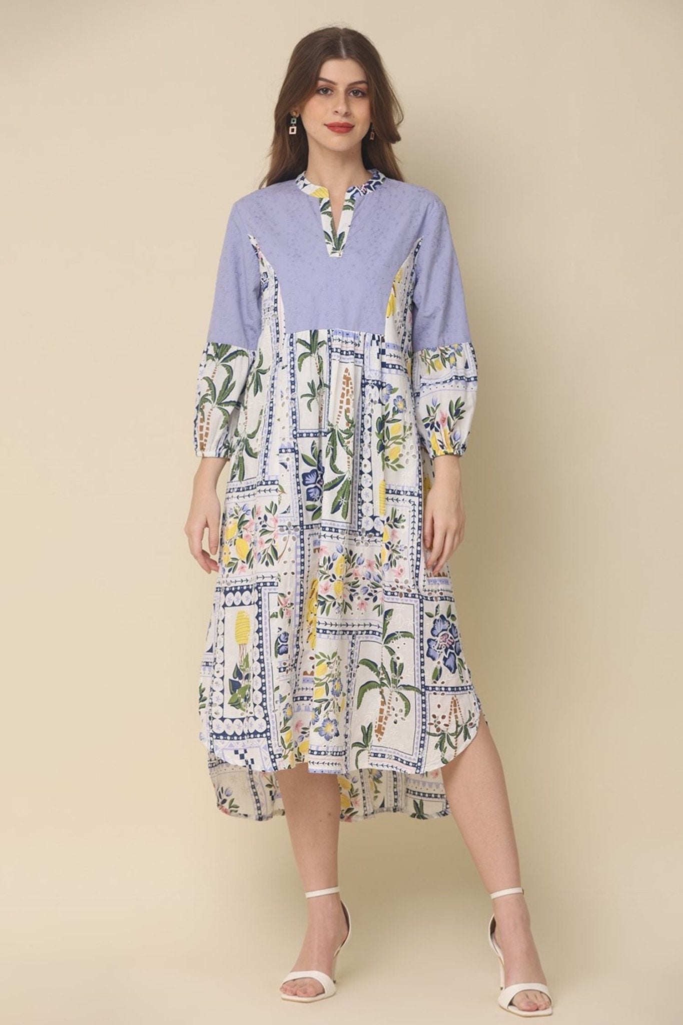 off-white cotton dress with printed designs - Freyaa USA & Canada