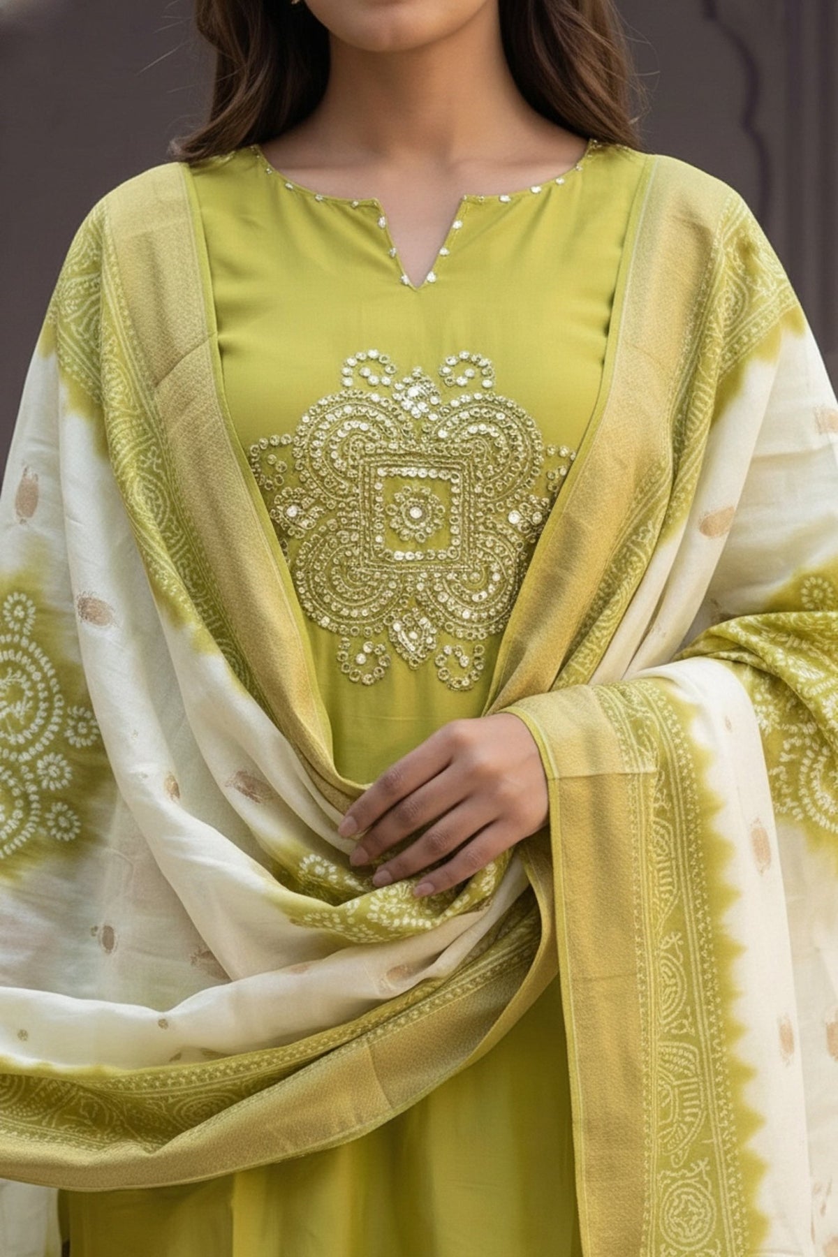 Green Straight-Cut Three Piece Suit with Embroidered Kurta Patch & Work Dupatta - Freyaa USA & Canada