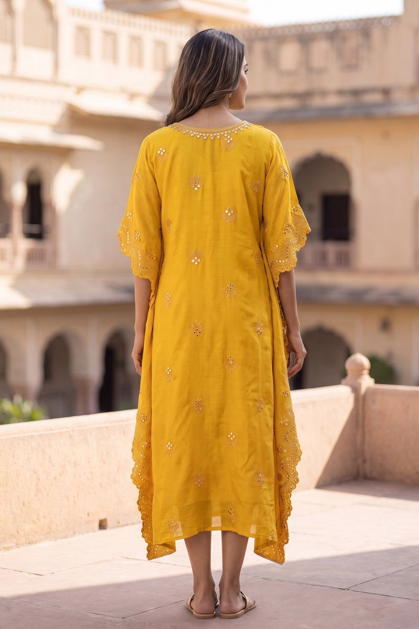 Gold Hand Embroidery Mirror Work Yellow Kaftan - Freyaa USA & Canada