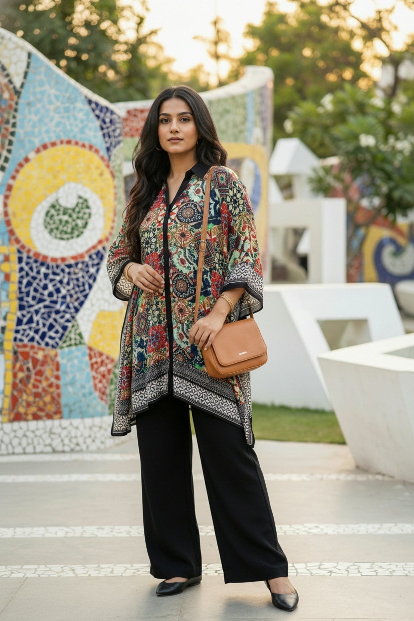 Multicolor Short Kaftan with Digital Print - Freyaa USA & Canada