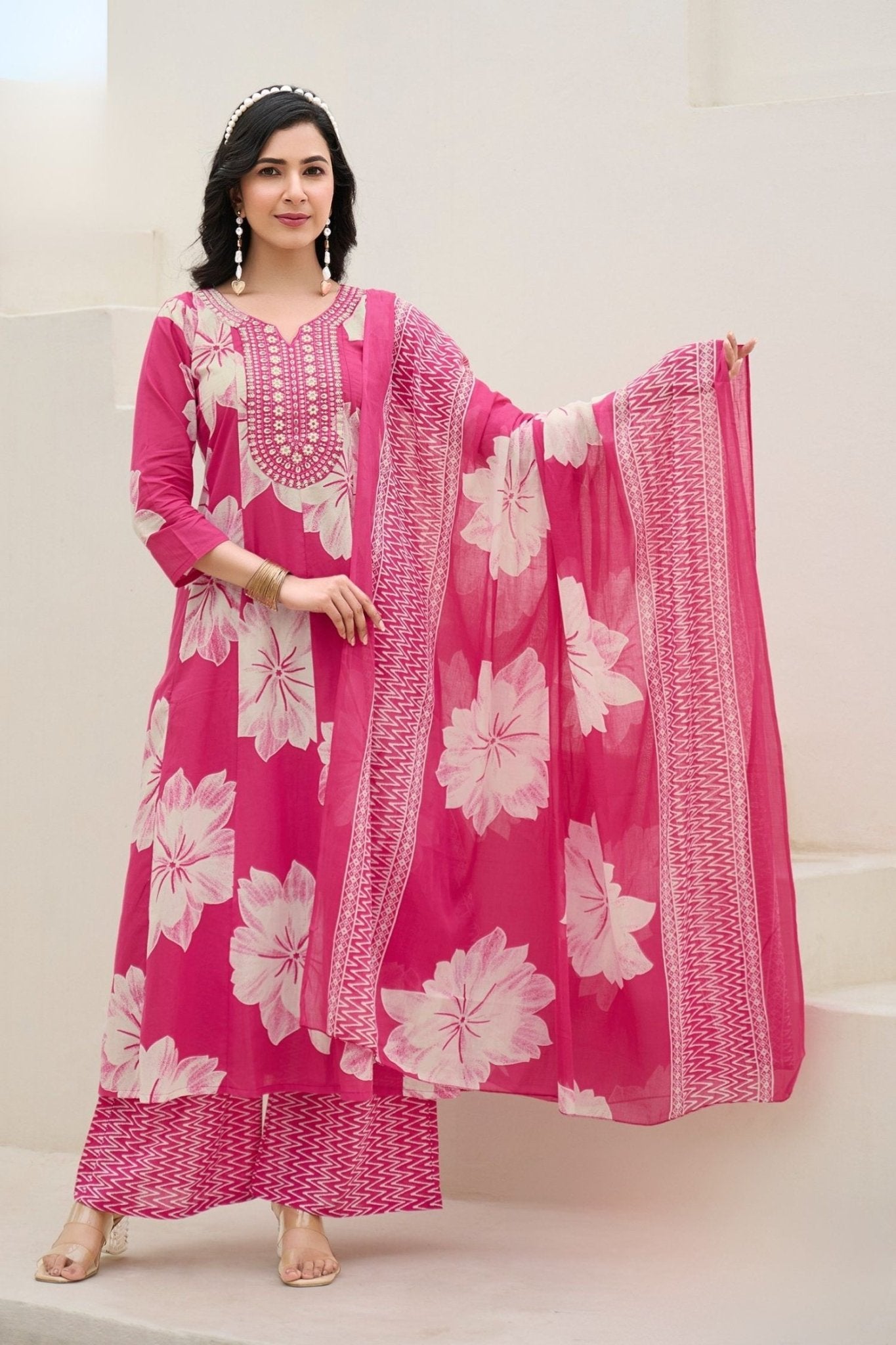 Pink V-Neck Embroidered Cotton Floral Printed Kurta Palazzo Dupatta Set - Freyaa USA & Canada