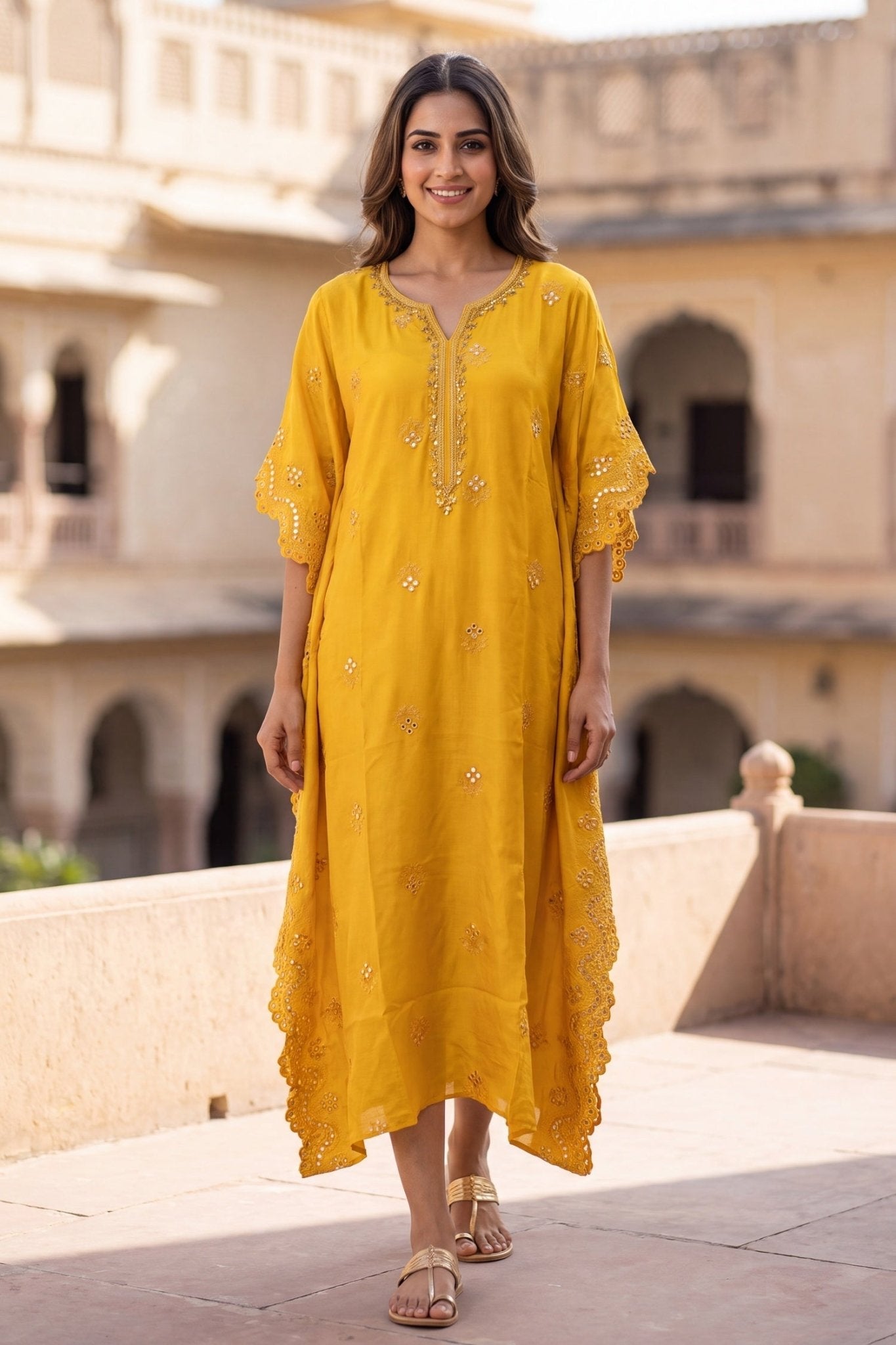 Gold Hand Embroidery Mirror Work Yellow Kaftan - Freyaa USA & Canada
