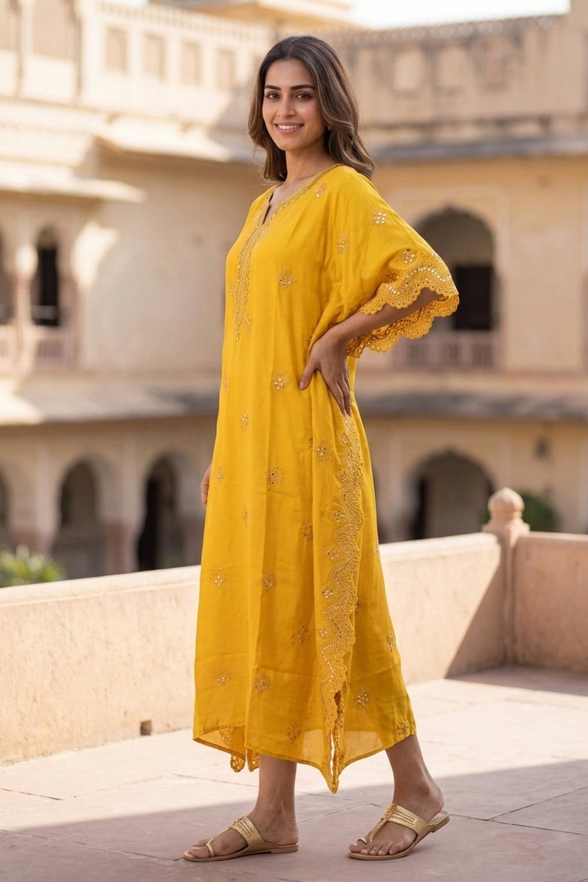 Gold Hand Embroidery Mirror Work Yellow Kaftan - Freyaa USA & Canada