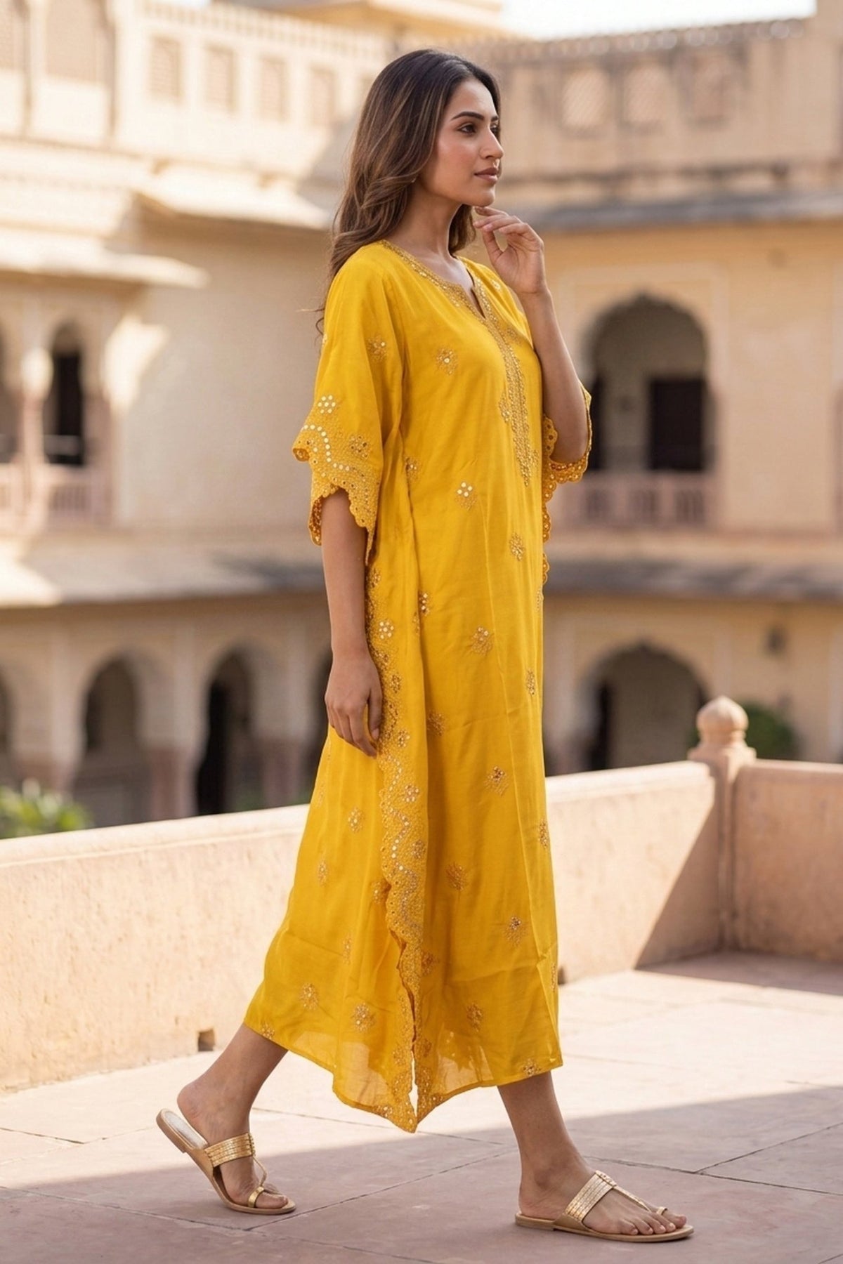Gold Hand Embroidery Mirror Work Yellow Kaftan - Freyaa USA & Canada