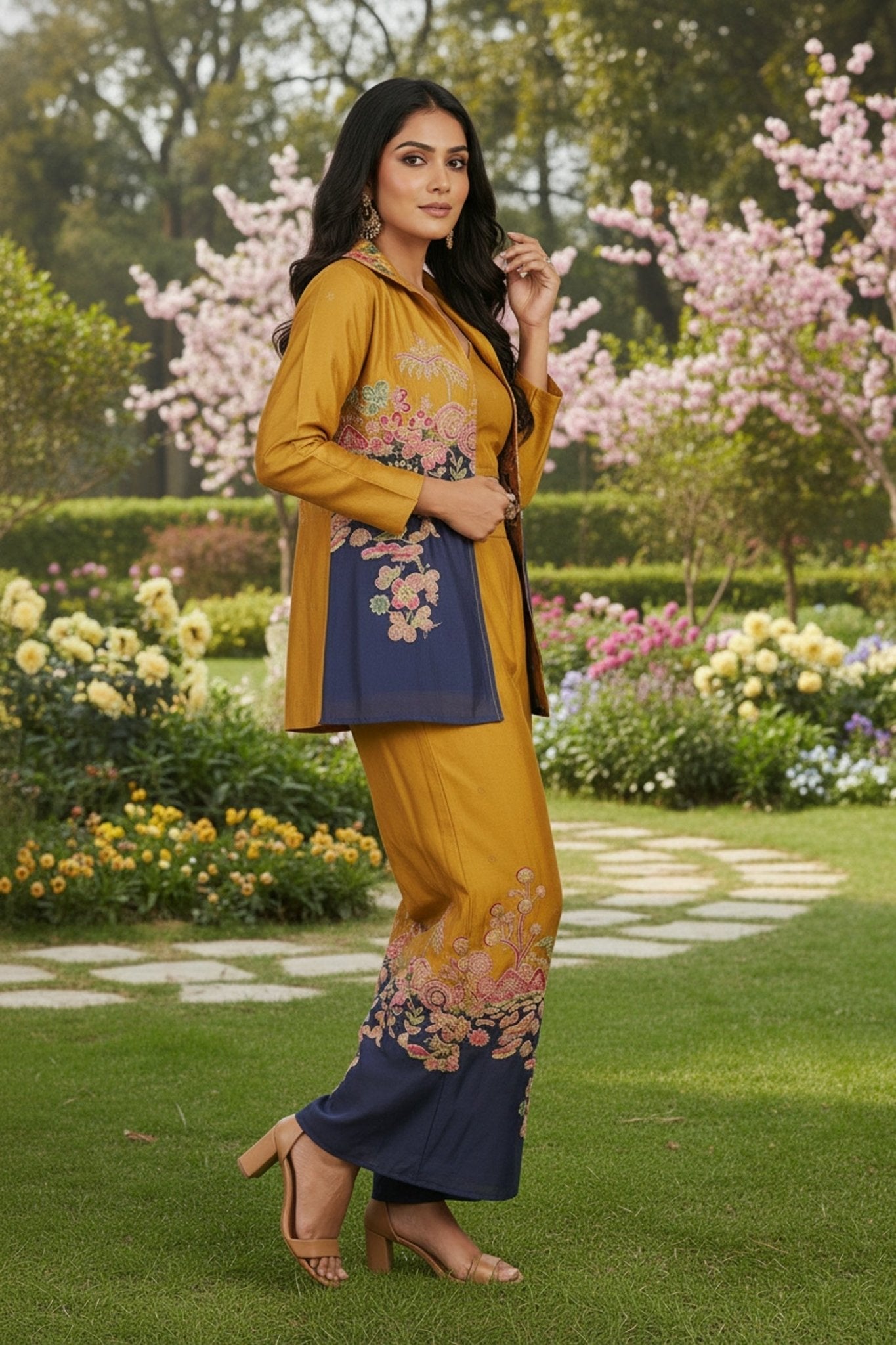 Yellow Embroidered Jacket Cord Set - Freyaa USA & Canada