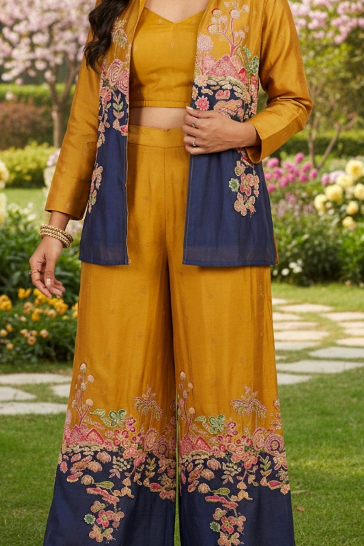 Yellow Embroidered Jacket Cord Set - Freyaa USA & Canada