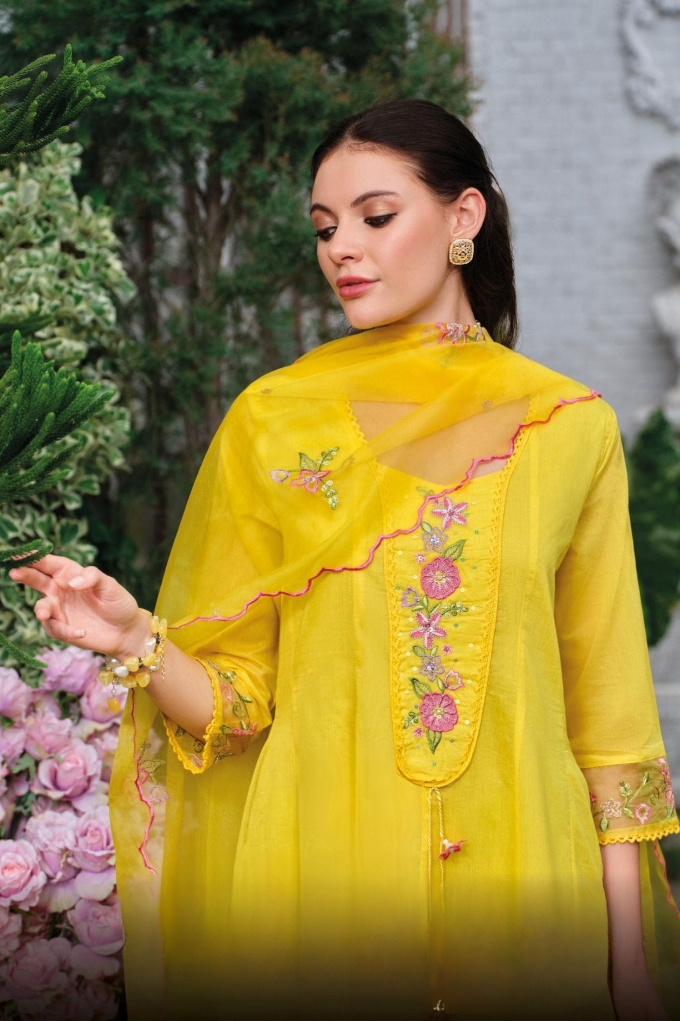 Yellow Mul Chanderi Kantha Work Floral Embroidered Suit Set - Freyaa USA & Canada