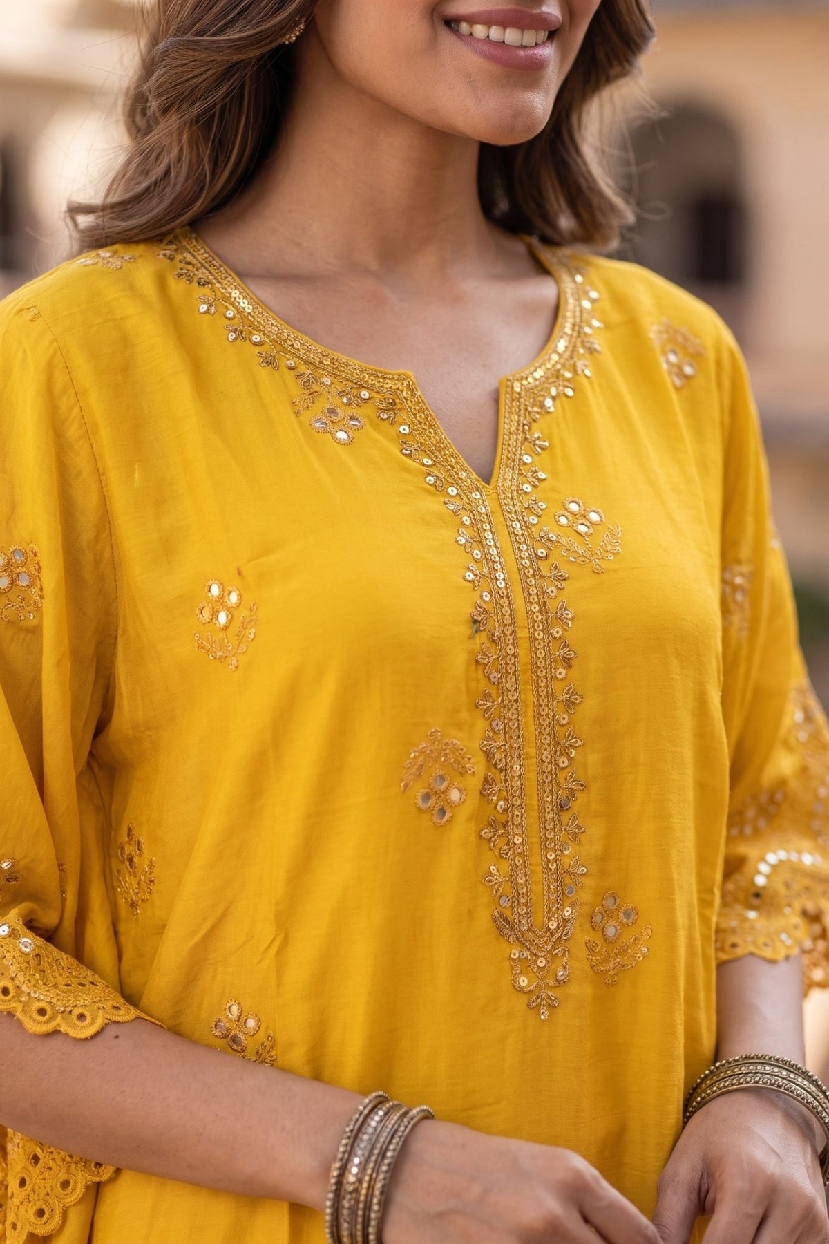 Gold Hand Embroidery Mirror Work Yellow Kaftan - Freyaa USA & Canada