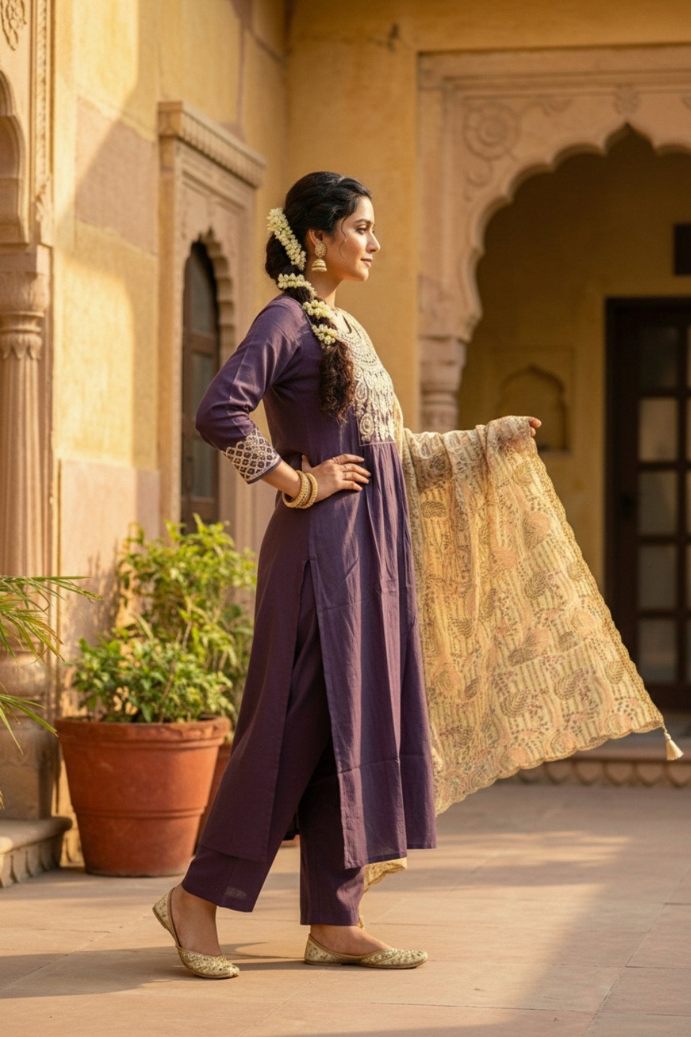 Lavender Embroidered Kurta Set with Tissue Dupatta - Freyaa USA & Canada