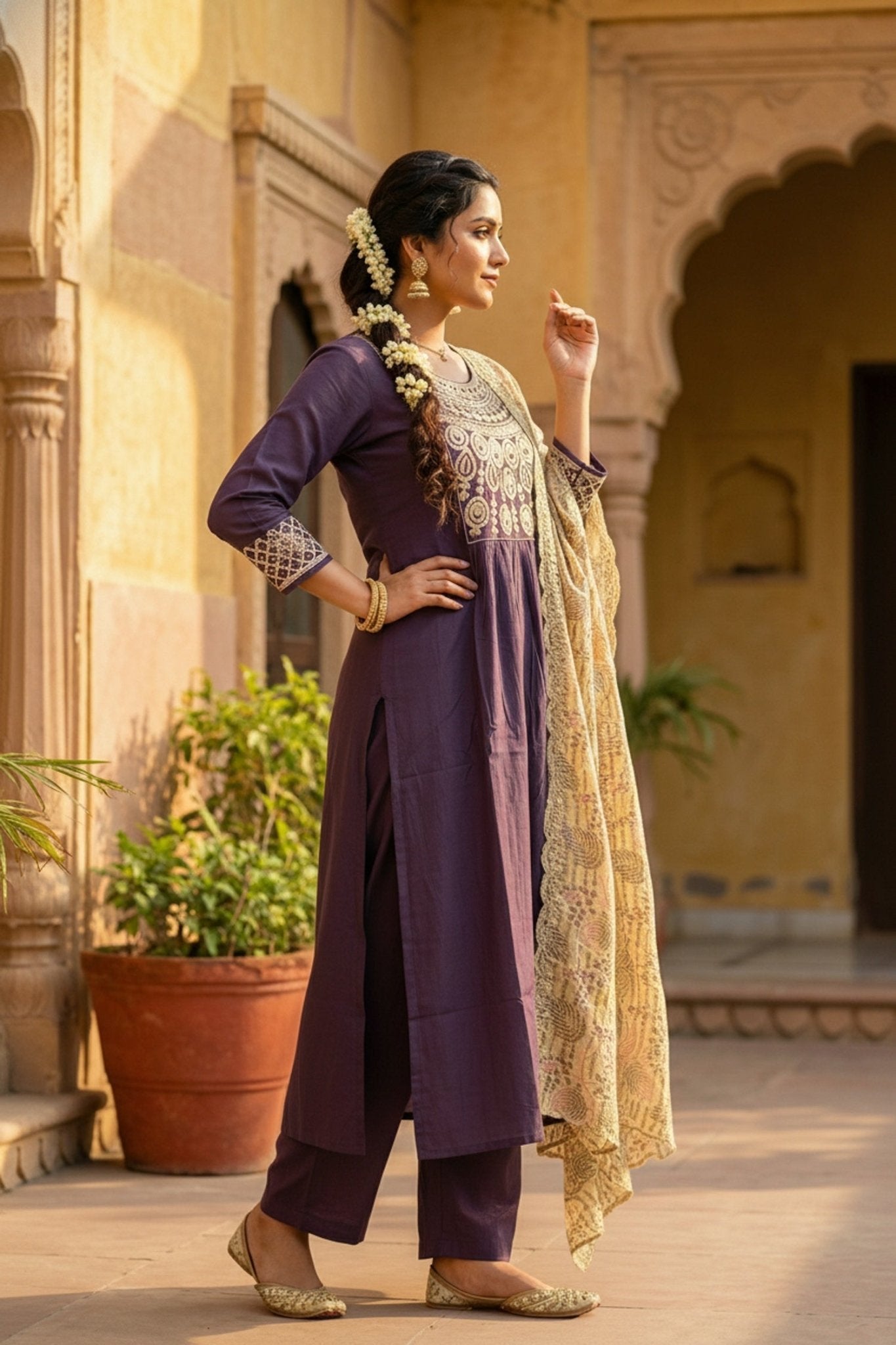 Lavender Embroidered Kurta Set with Tissue Dupatta - Freyaa USA & Canada