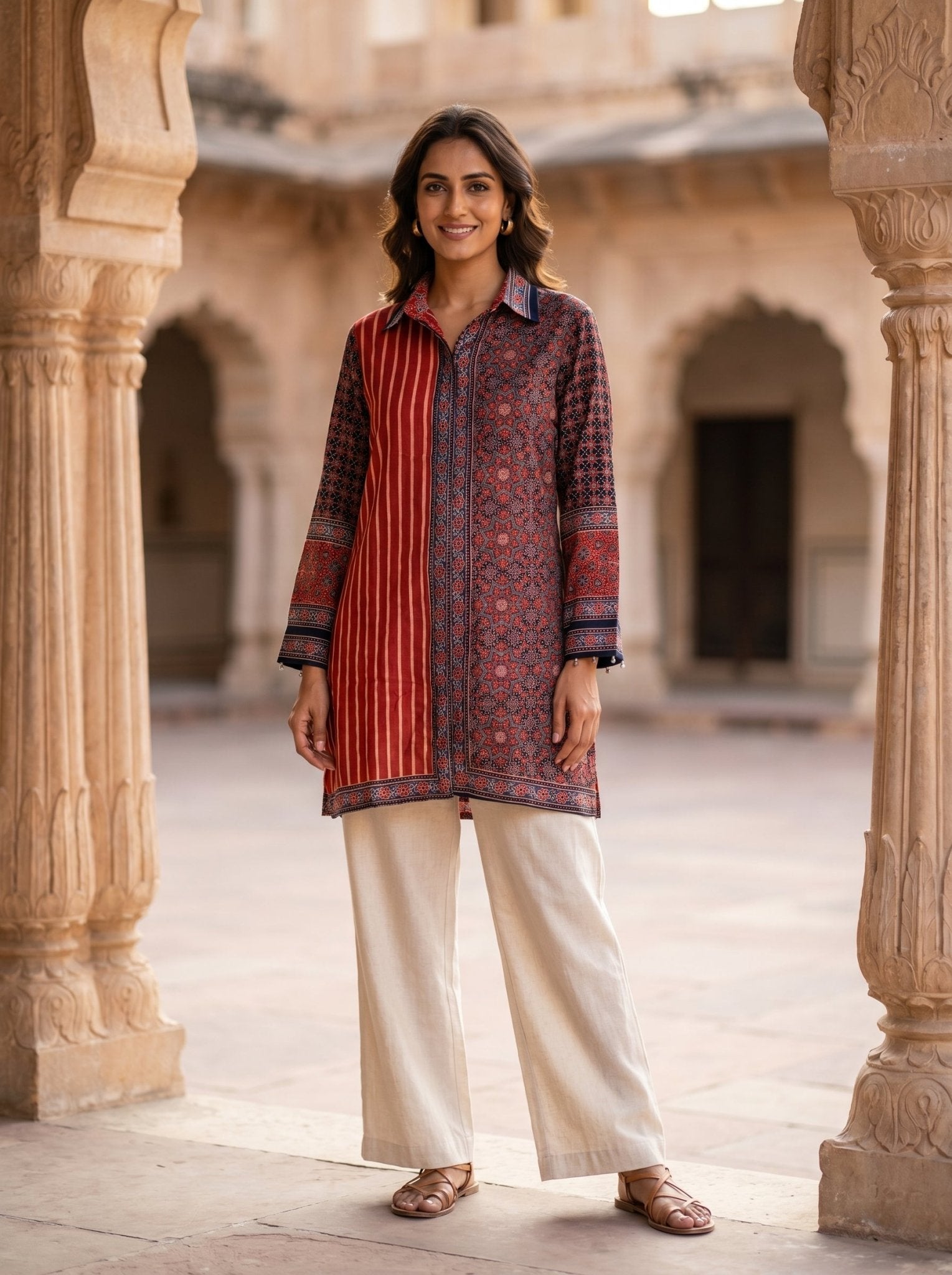 Rich Maroon Red Ajarak Print Crepe Shirt - Freyaa USA & Canada