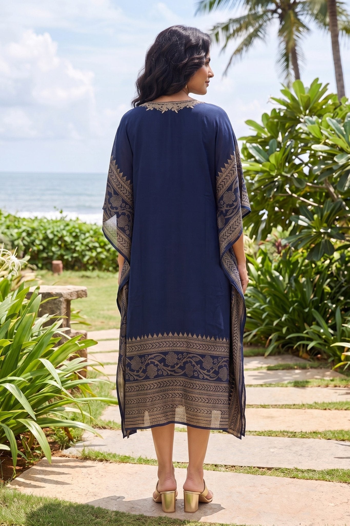 Gold Hand Embroidery Digital Print Border Navy Blue Kaftan - Freyaa USA & Canada