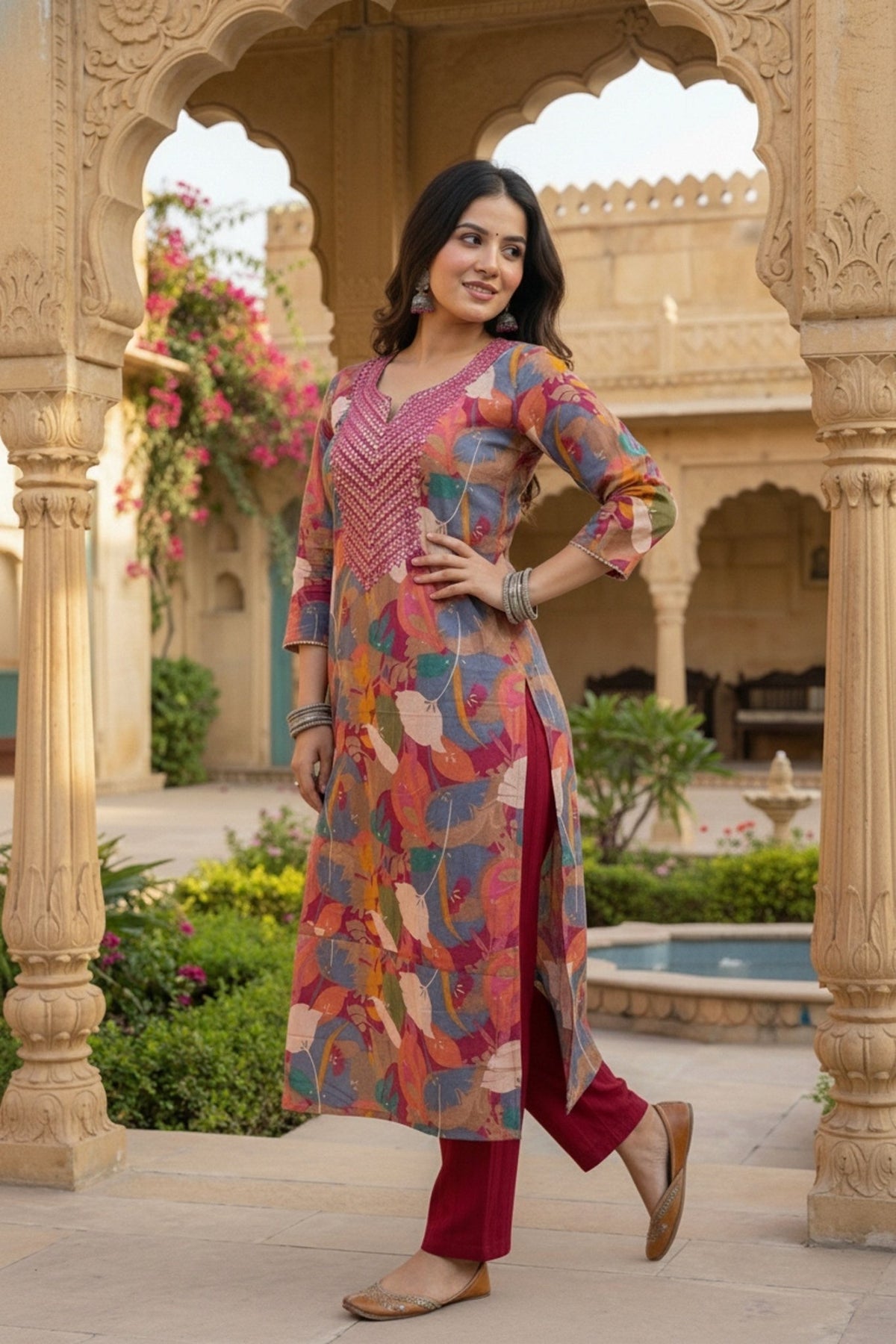 Rani Royale Cotton Long Kurti with Embroidered Work - Freyaa USA & Canada