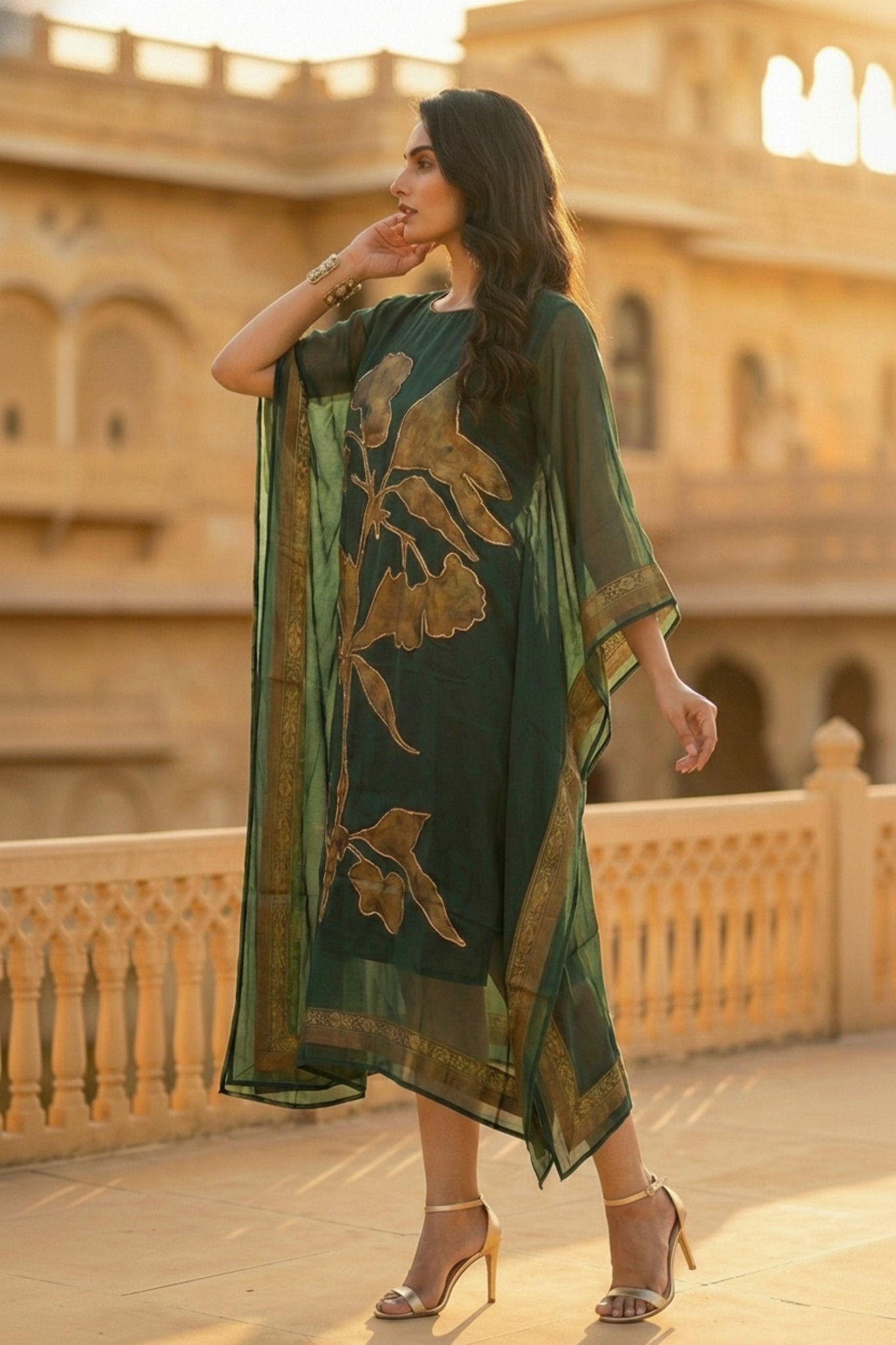Bottle Green Embroidered Viscose Long Kaftan - Freyaa USA & Canada