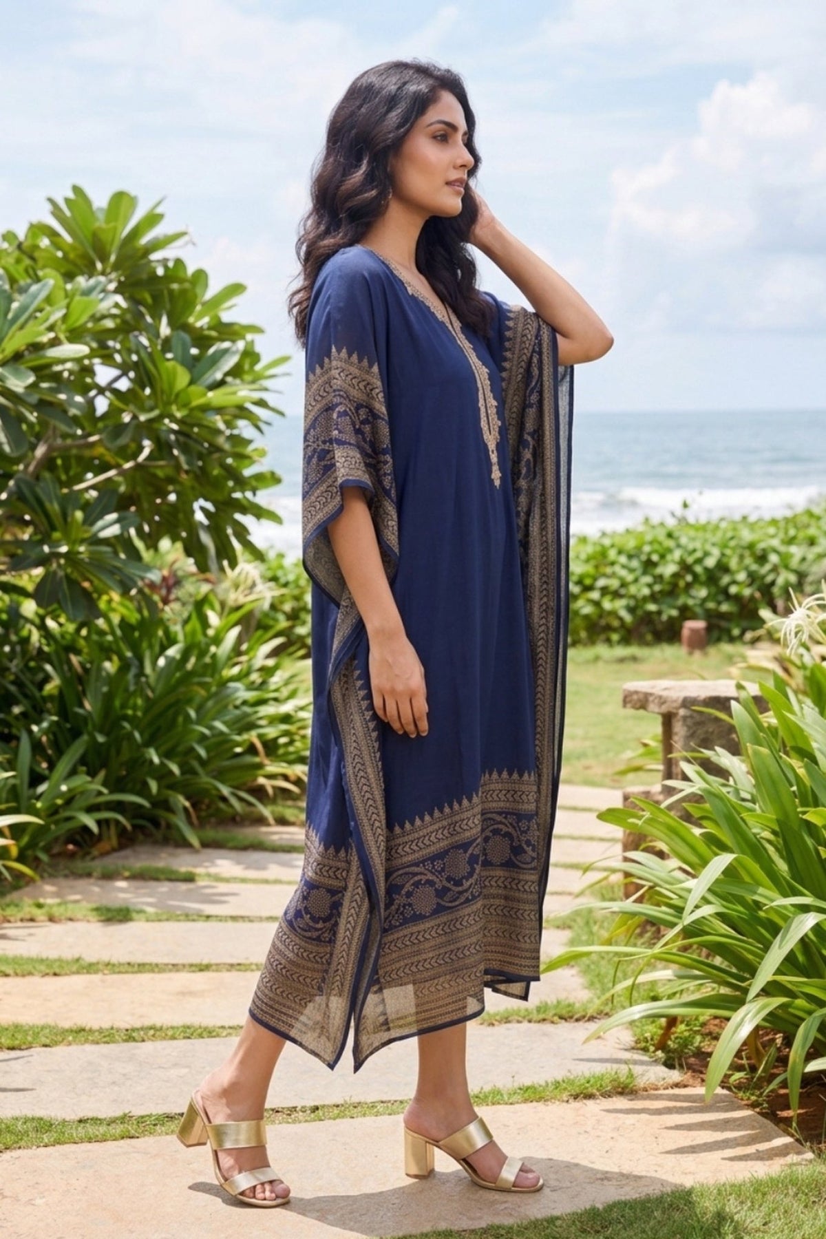 Gold Hand Embroidery Digital Print Border Navy Blue Kaftan - Freyaa USA & Canada