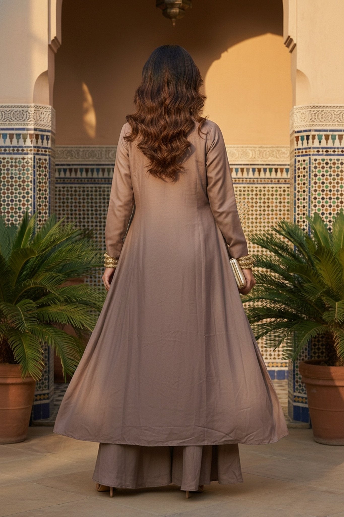 Taupe Brown Cordset for Women with Embellished Waist & Layered Jacket Design - Freyaa USA & Canada