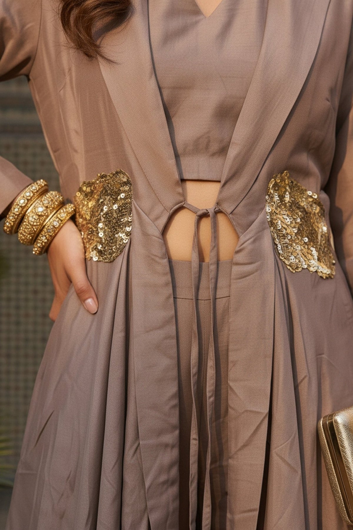 Taupe Brown Cordset for Women with Embellished Waist & Layered Jacket Design - Freyaa USA & Canada