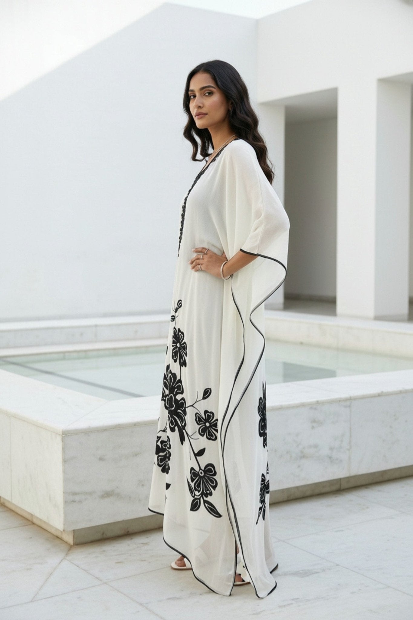 Elegant Grey Kaftan with Black Floral Pattern - Freyaa USA & Canada