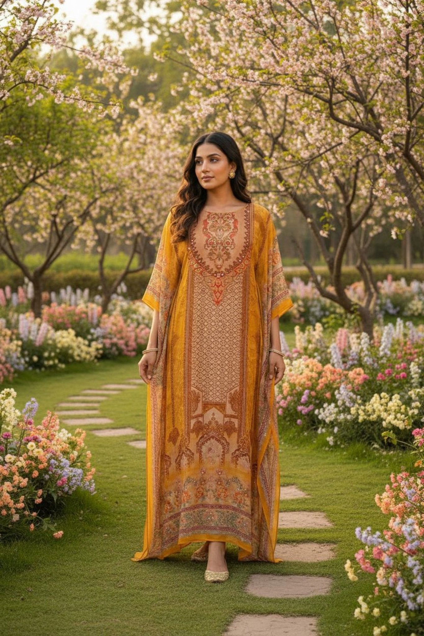 Golden Grace Long Printed Kaftan - Freyaa USA & Canada