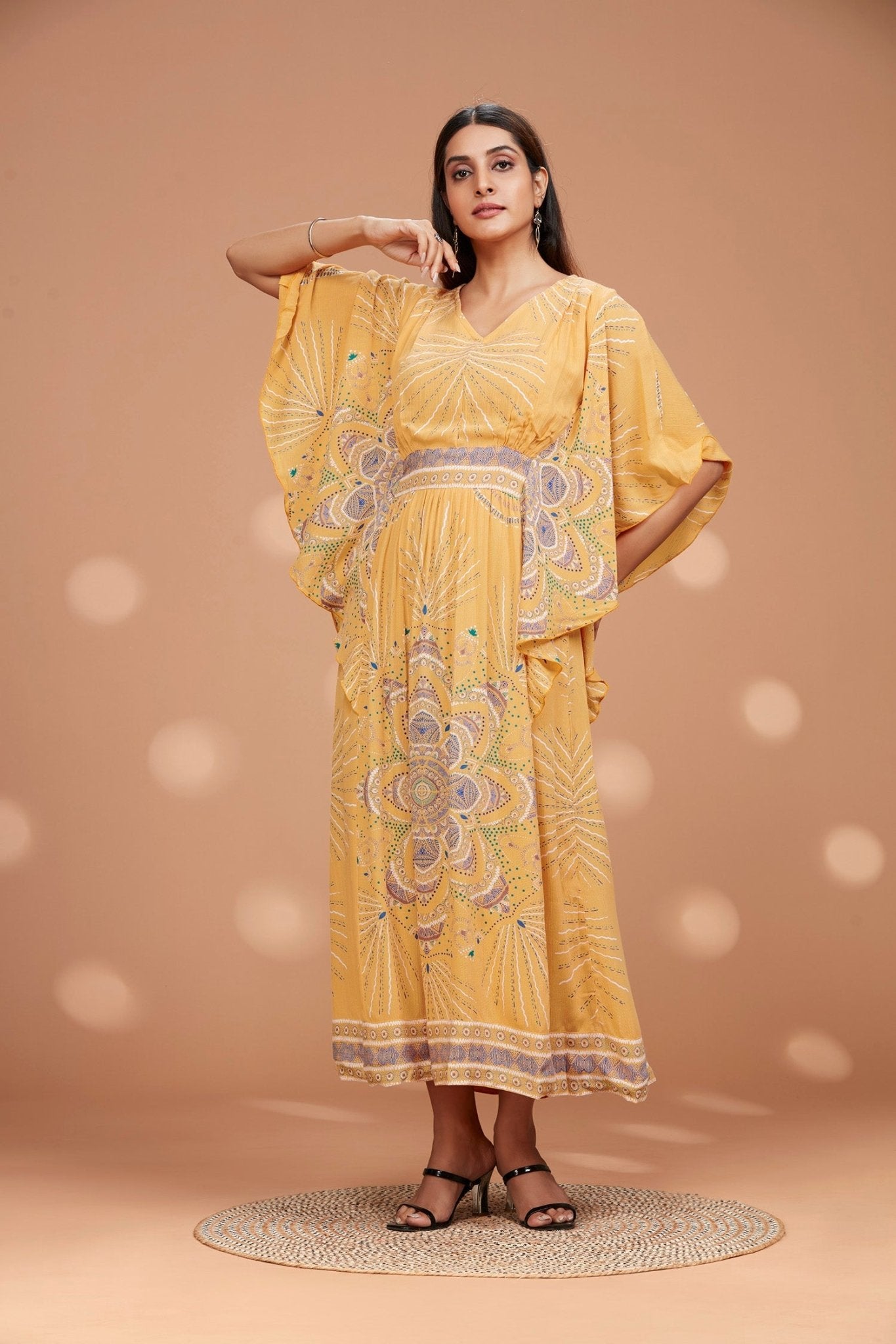 Viscose V Neck Gown with Butterfly Sleeves - Freyaa USA & Canada