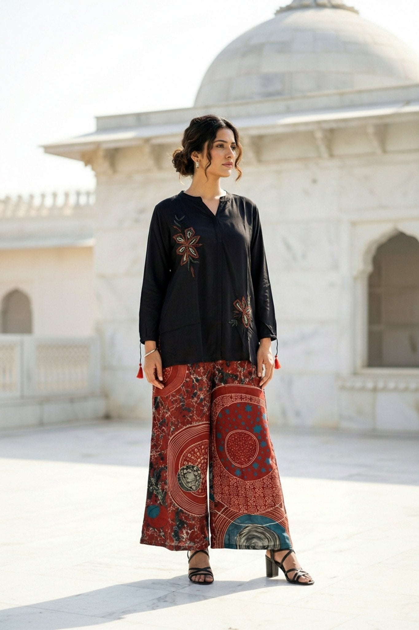 Classic Black Shirt Co-ord Set with Printed Pants - Freyaa USA & Canada